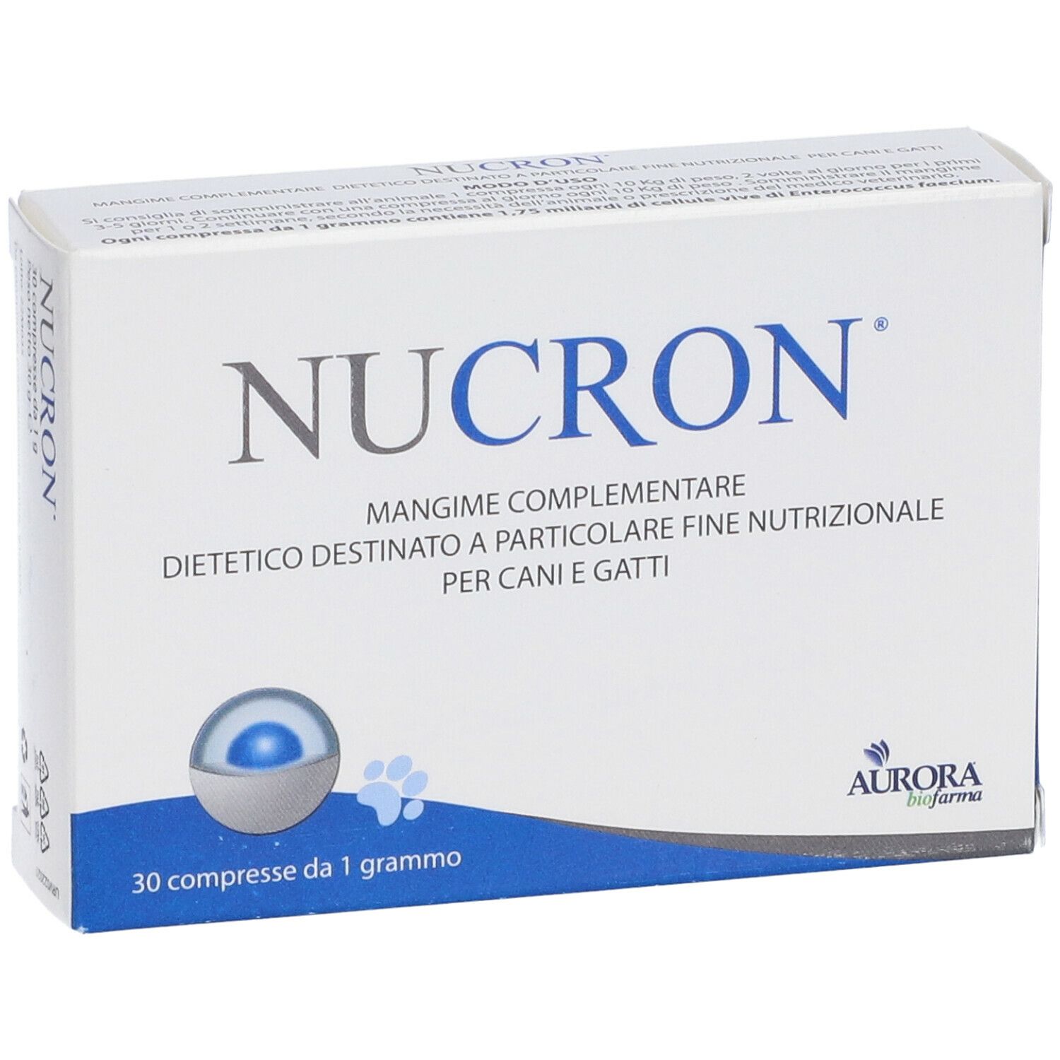 Scatola bianca Nucron. Mangime complementare per cani e gatti. 30 compresse. Logo Aurora Biofarma.