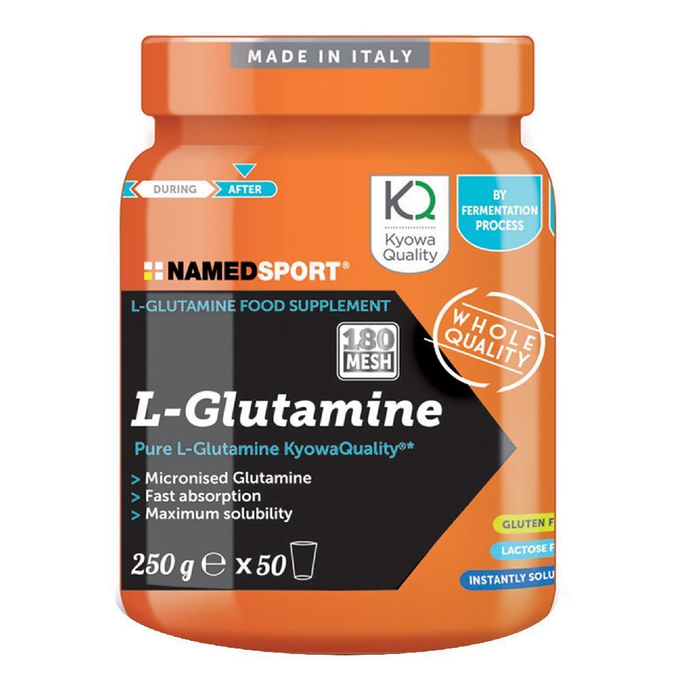 Barattolo arancione NAMEDSPORT® L-Glutammina. Contiene 250g x 50 porzioni. Con sigillo Kyowa Quality e indicazione senza glutine.