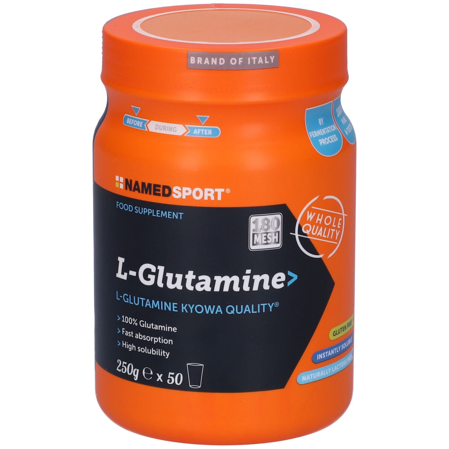 Barattolo arancione NAMEDSPORT® L-Glutammina. Contiene 250g x 50 porzioni. Con sigillo Kyowa Quality e indicazione senza glutine.