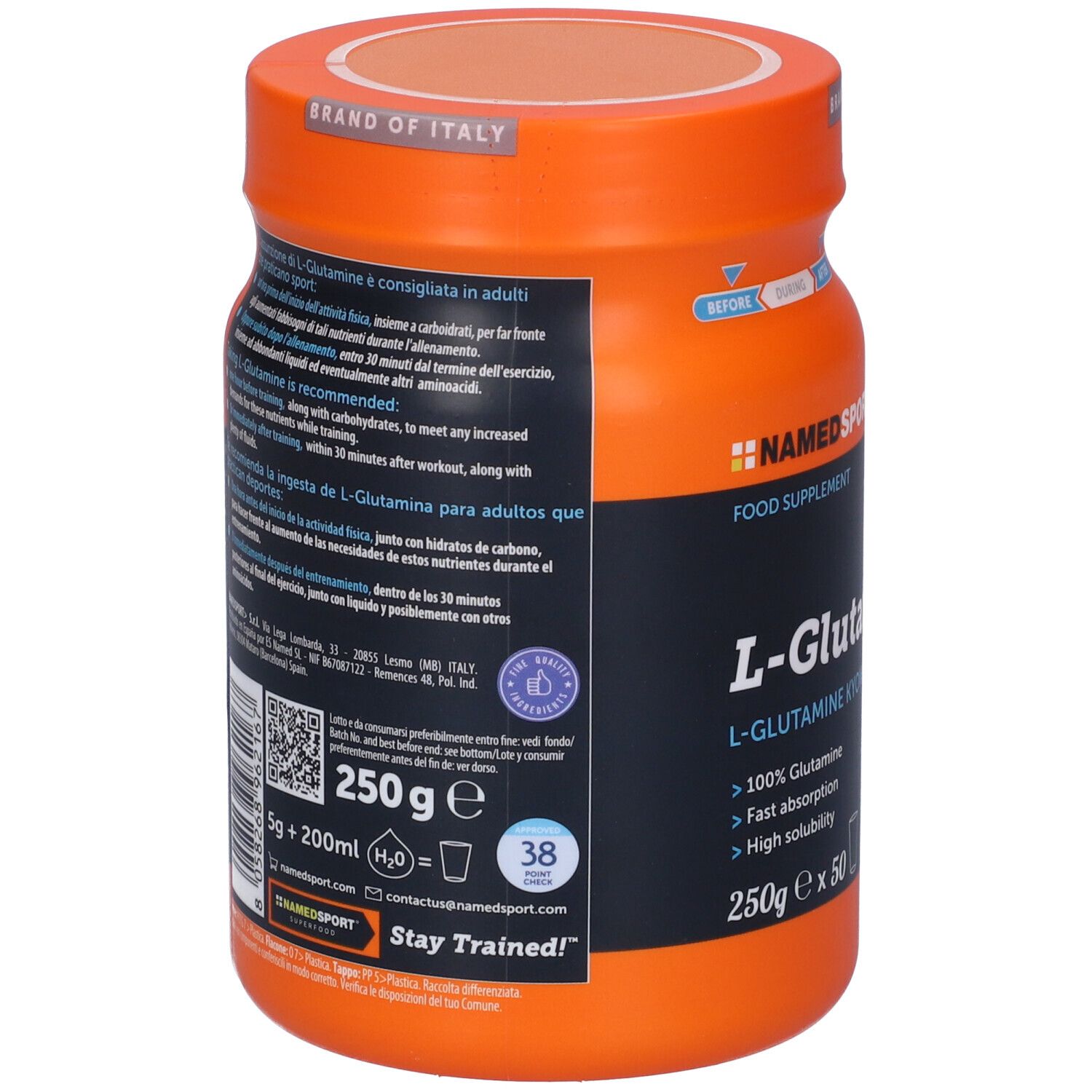 Retro del barattolo arancione NAMEDSPORT® L-Glutammina. Contiene informazioni sugli ingredienti e l'uso.