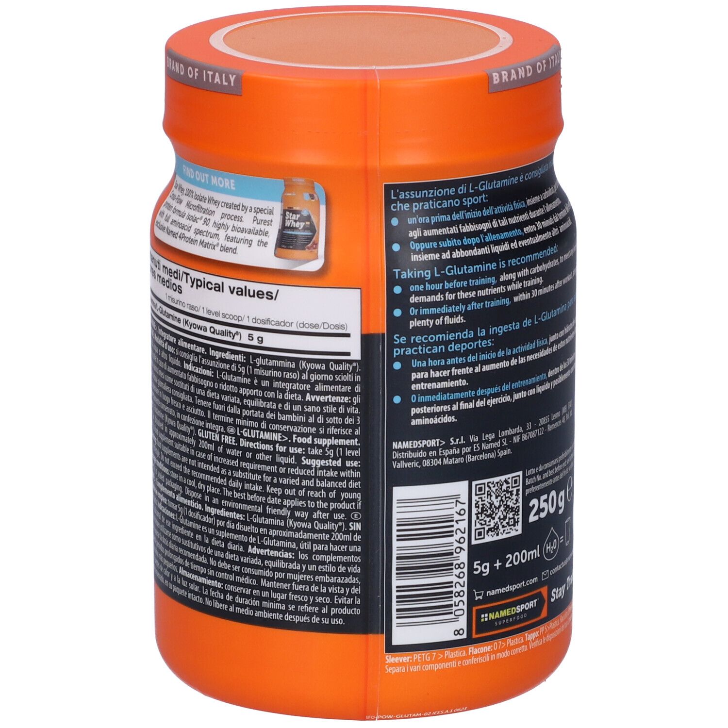 Retro del barattolo arancione NAMEDSPORT® L-Glutammina. Contiene informazioni sugli ingredienti e l'uso.