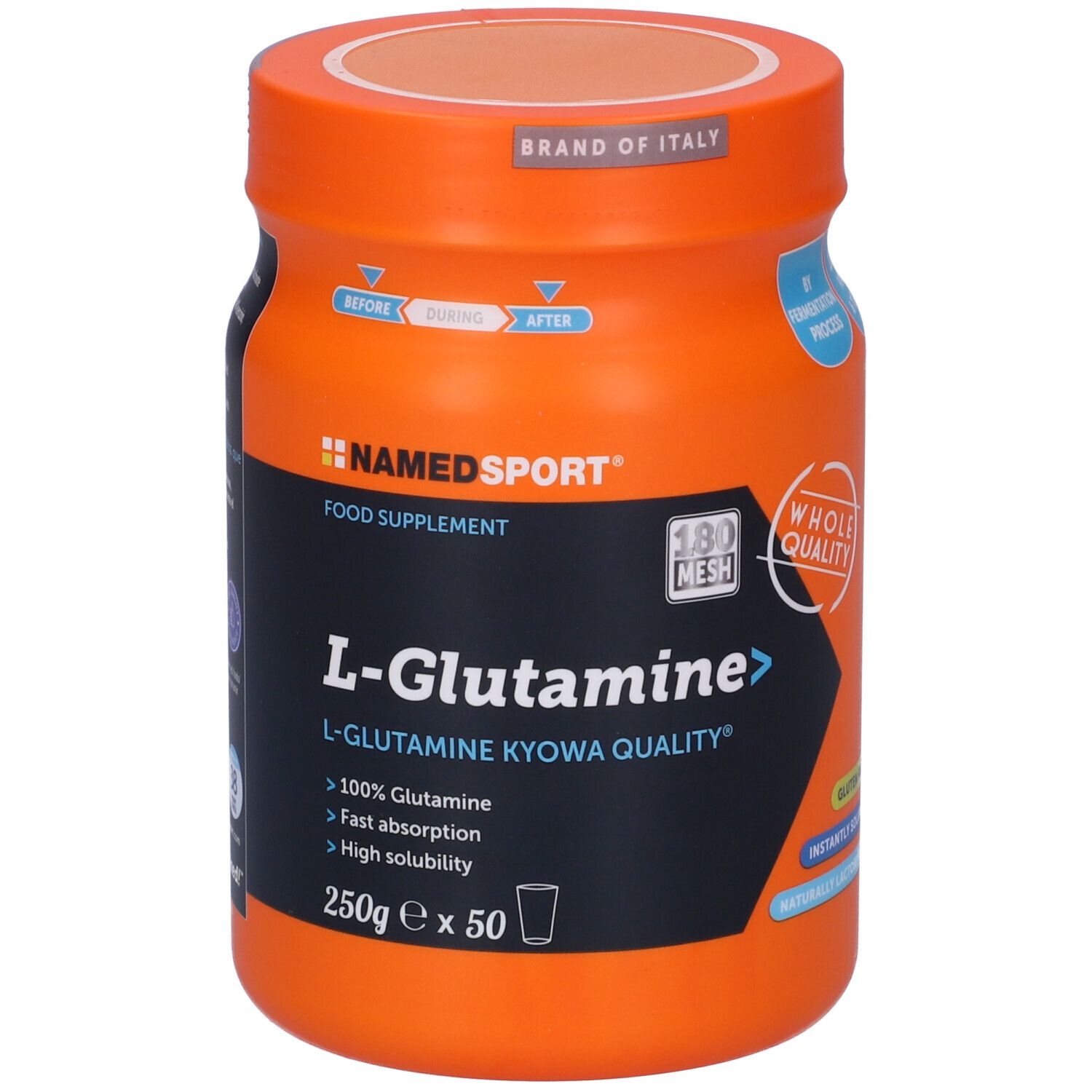 Barattolo arancione NAMEDSPORT® L-Glutammina. Contiene 250g x 50 porzioni. Con sigillo Kyowa Quality e indicazione senza glutine.