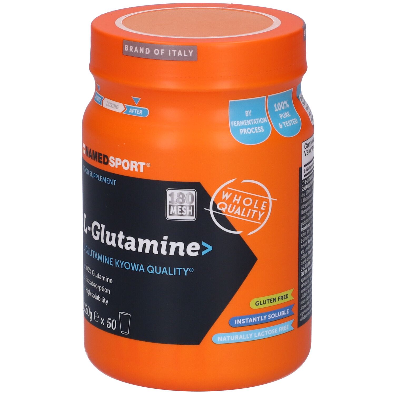 Barattolo arancione NAMEDSPORT® L-Glutammina. Contiene 250g x 50 porzioni. Con sigillo Kyowa Quality e indicazione senza glutine.