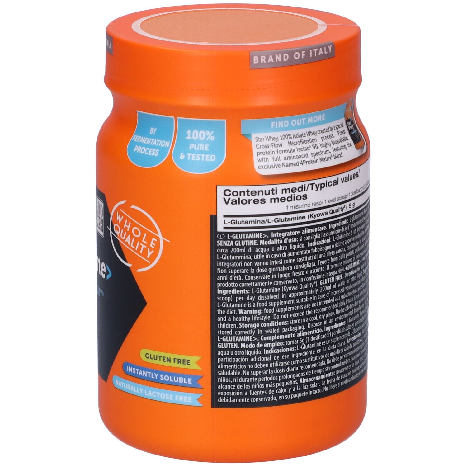 Retro del barattolo arancione NAMEDSPORT® L-Glutammina. Contiene informazioni sugli ingredienti e l'uso.