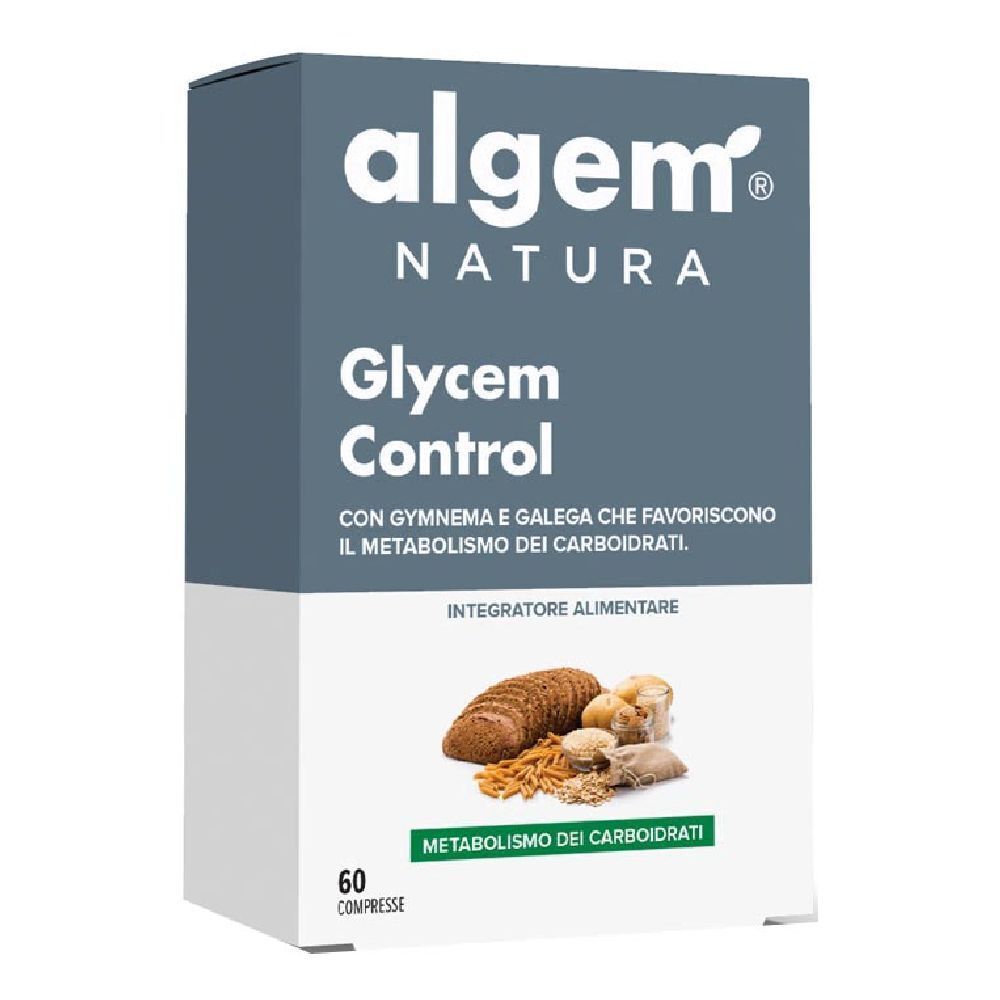 Scatola "Algem Natura Glycem Control". Testo: "Metabolismo dei carboidrati", "60 compresse". Illustrazione di alimenti.