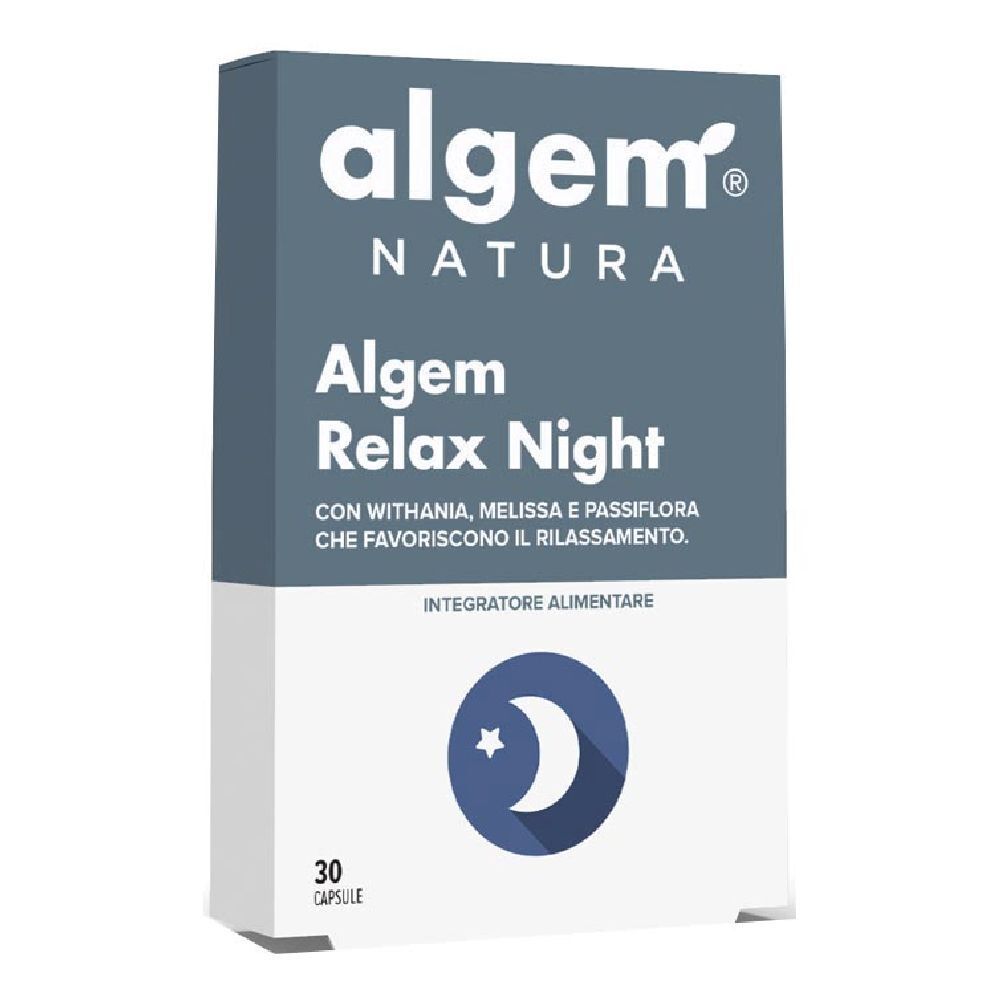 Confezione "Algem Natura Algem Relax Night". Testo: "Con Withania, Melissa e Passiflora". Illustrazione: luna e stella. 30 capsule.