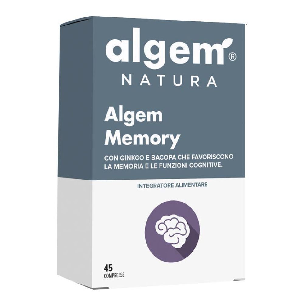 Scatola Algem Natura Algem Memory. Testo: Algem Memory, 45 compresse. Con Ginkgo e Bacopa per la memoria e le funzioni cognitive.