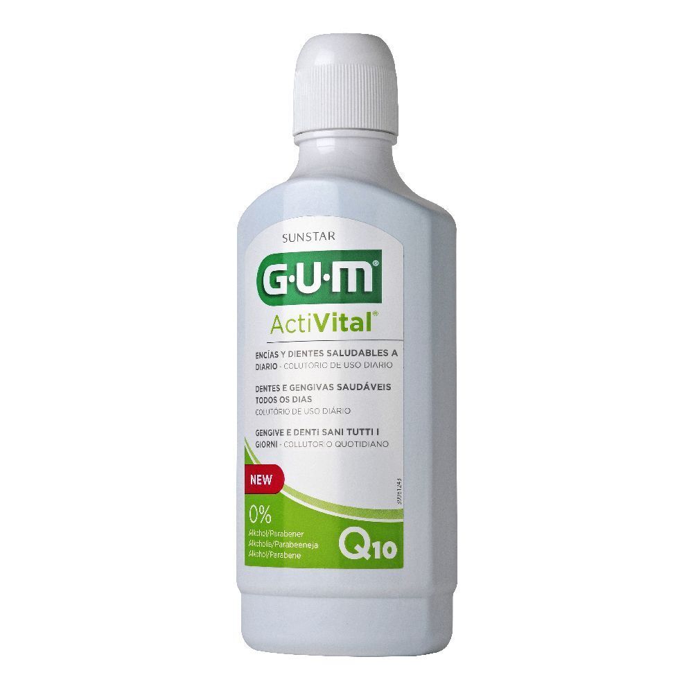 Flacone bianco con etichetta verde. Scritta: G.U.M ActiVital. Tappo bianco. Simbolo Q10.