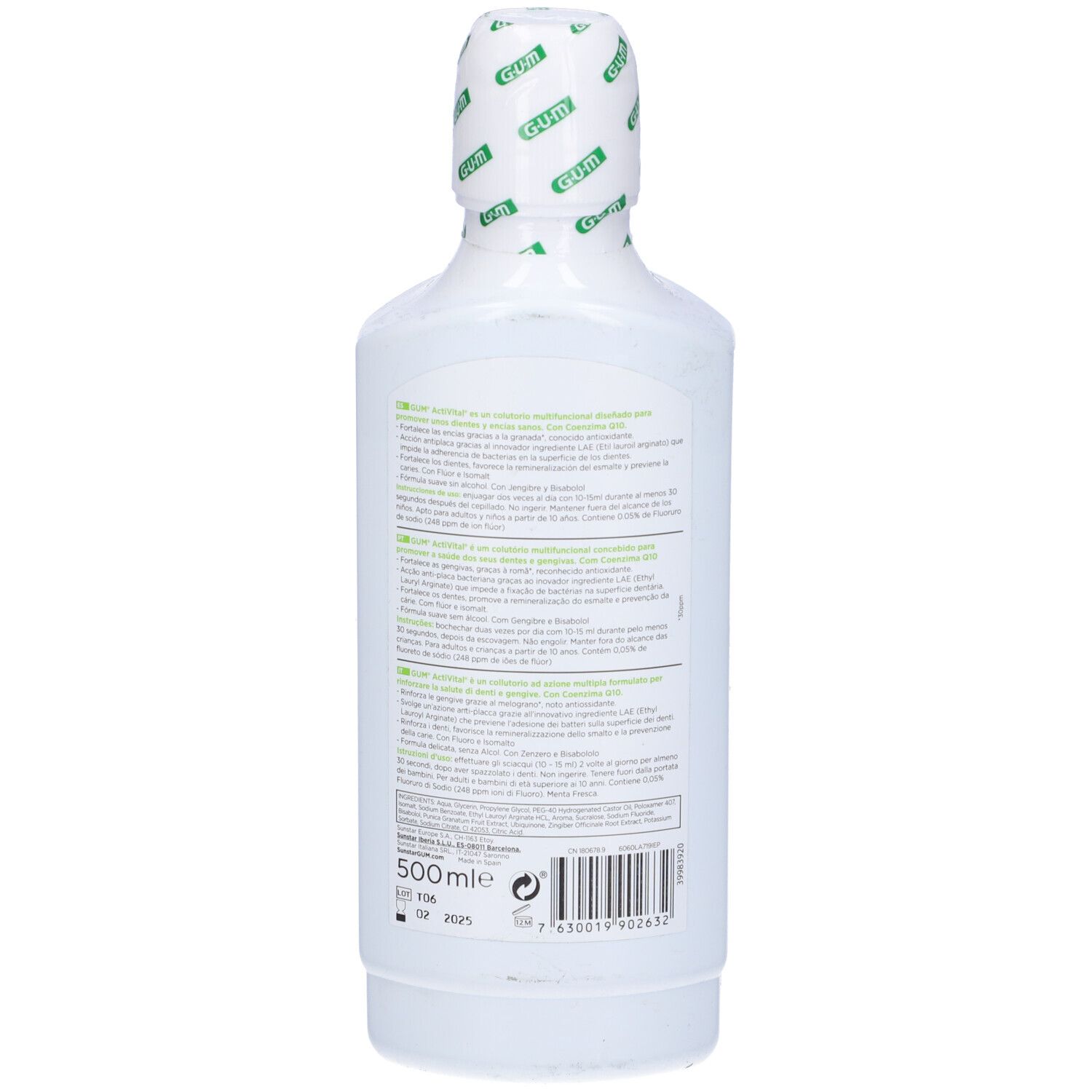 Retro di un flacone bianco. Testo multilingue. Indicazione 500ml. Codice a barre.