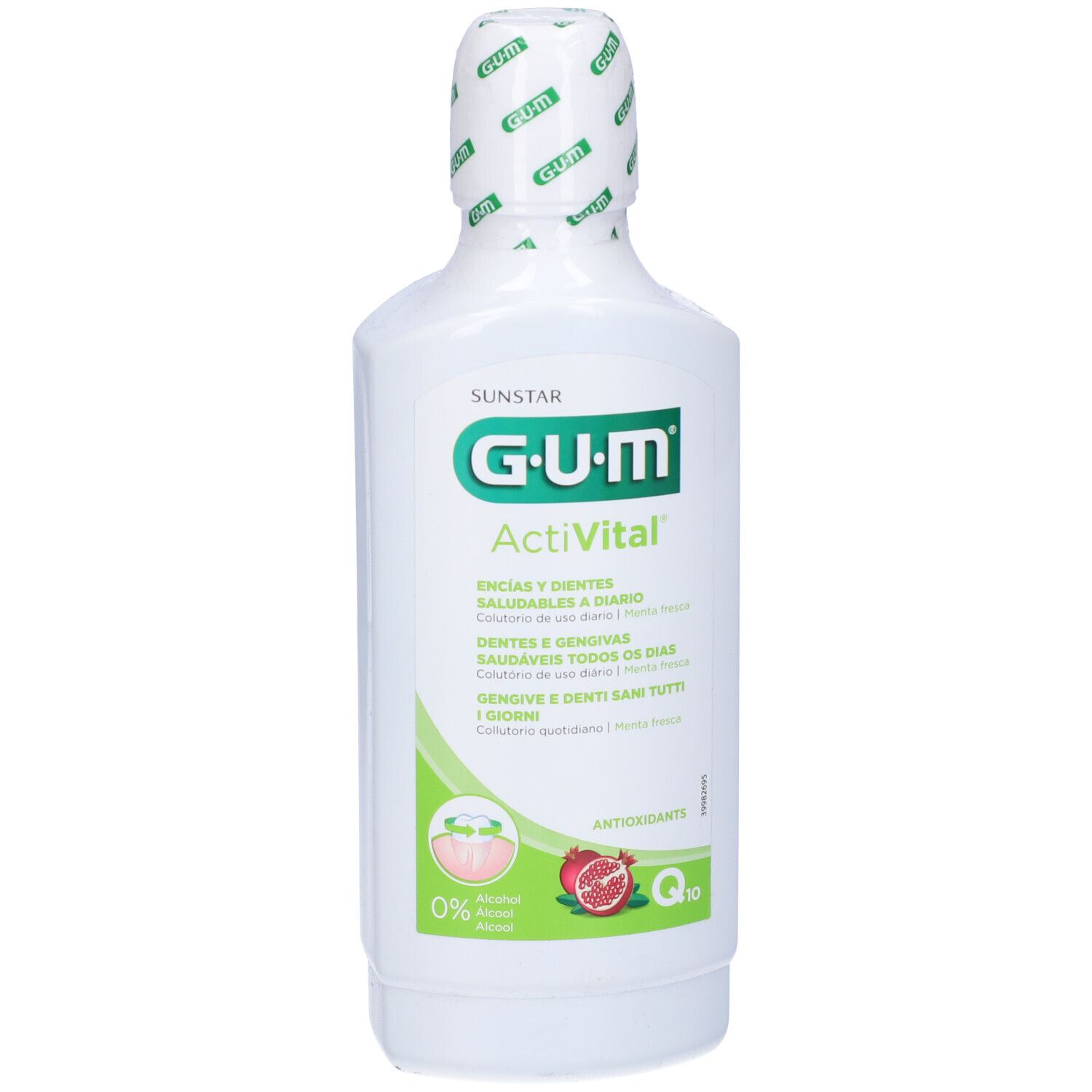Flacone bianco con etichetta verde. Scritta: G.U.M ActiVital. Tappo bianco. Simbolo melograno.