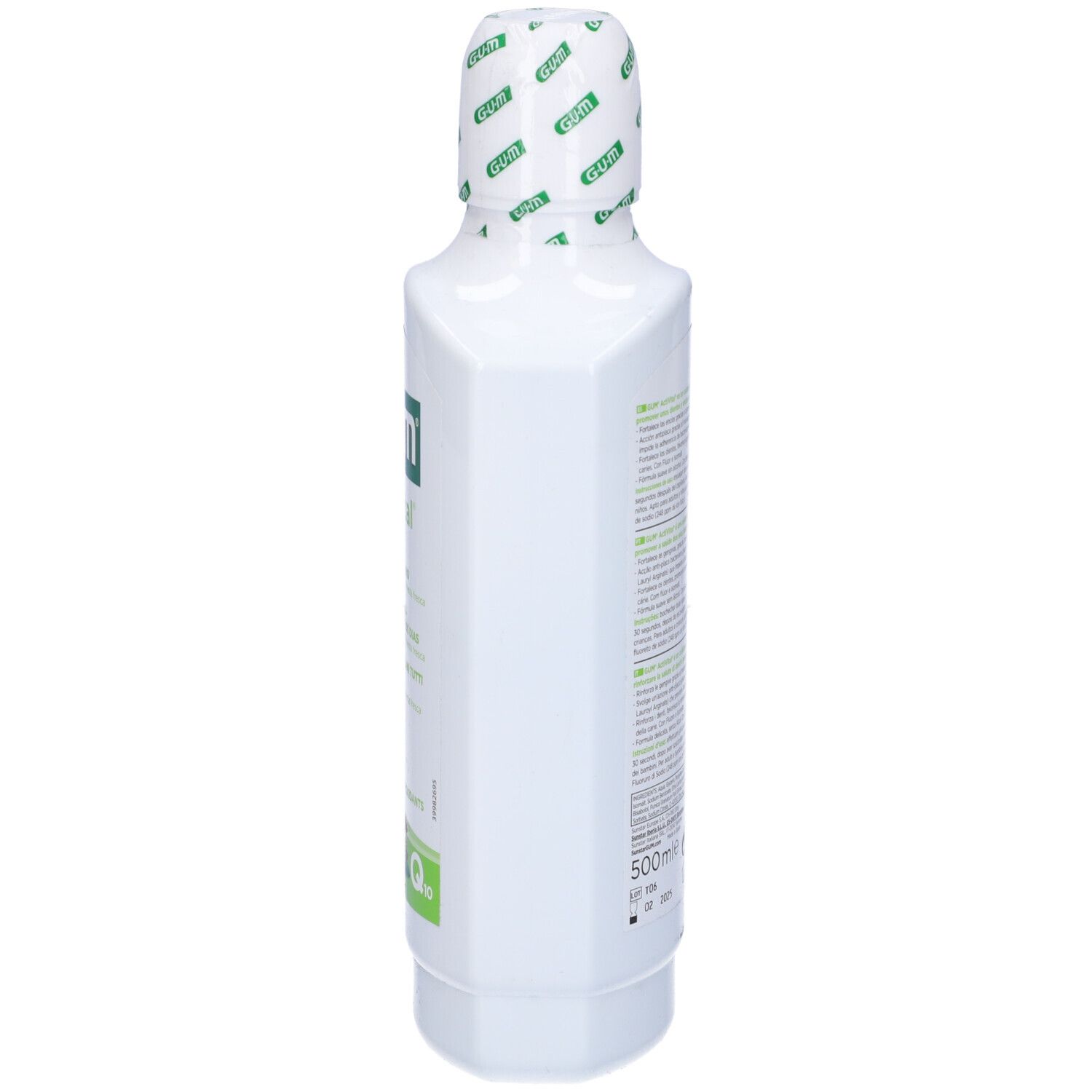 Flacone bianco, esagonale. Scritta: G.U.M. Tappo bianco. Testo sul retro.