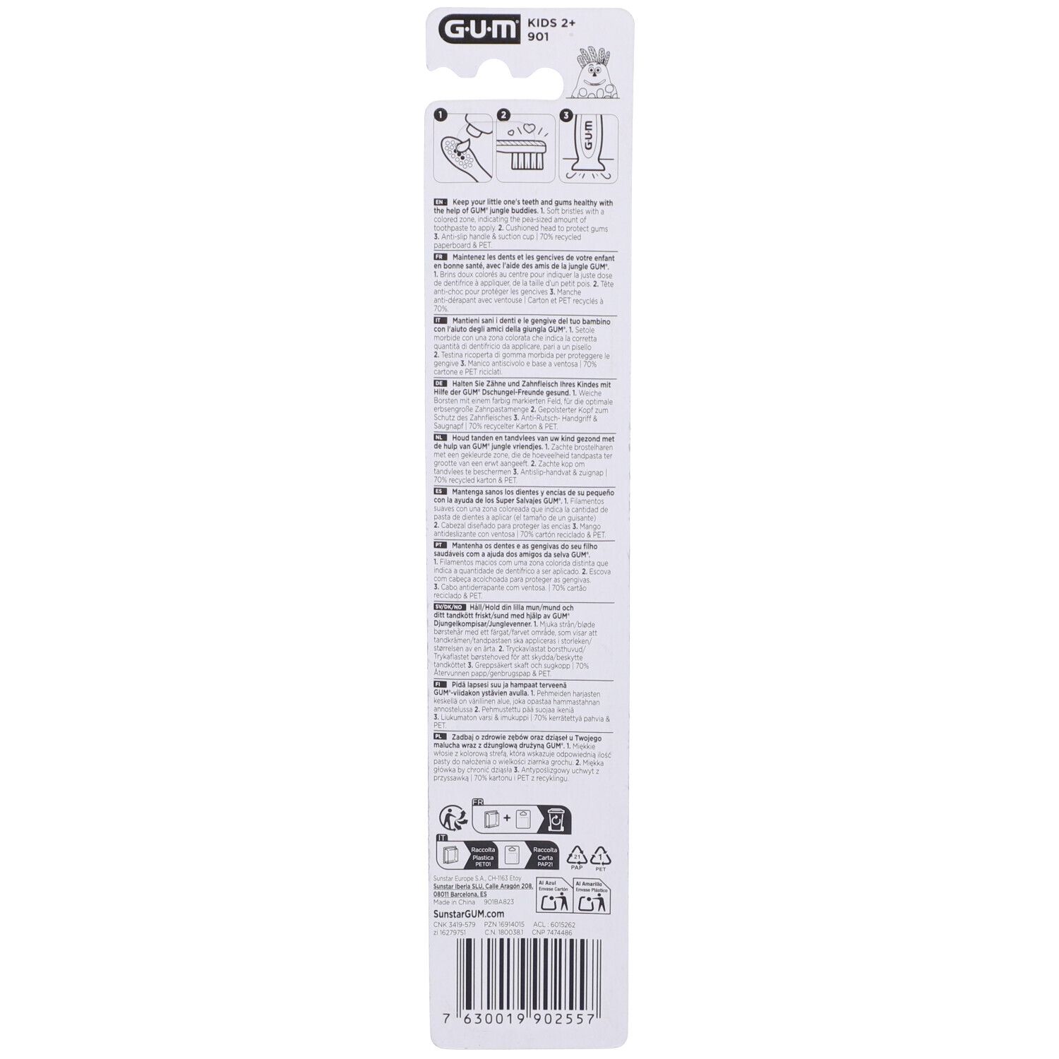 Verpackung einer GUM Kids 2+ Zahnbürste mit Anleitungsbildern und Texten in mehreren Sprachen.