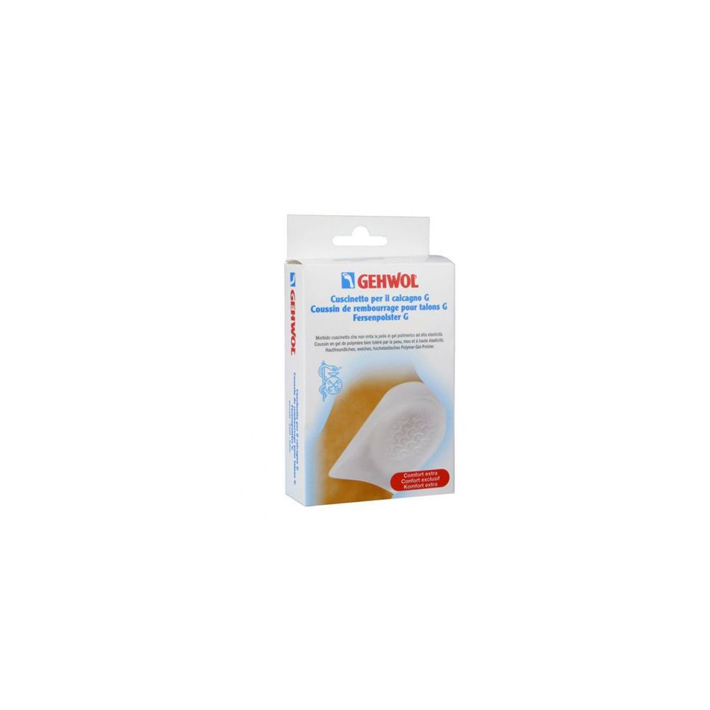 Confezione di cuscinetti per tallone GEHWOL. Testo in italiano e francese. Cuscinetto bianco visibile attraverso l'imballaggio.