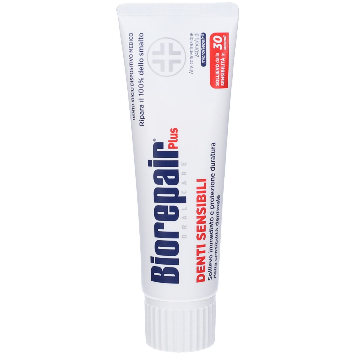 Zahncreme-Tube Biorepair® Plus für empfindliche Zähne. Weiß, mit blauen und roten Akzenten. Produktname und Logo deutlich sichtbar.