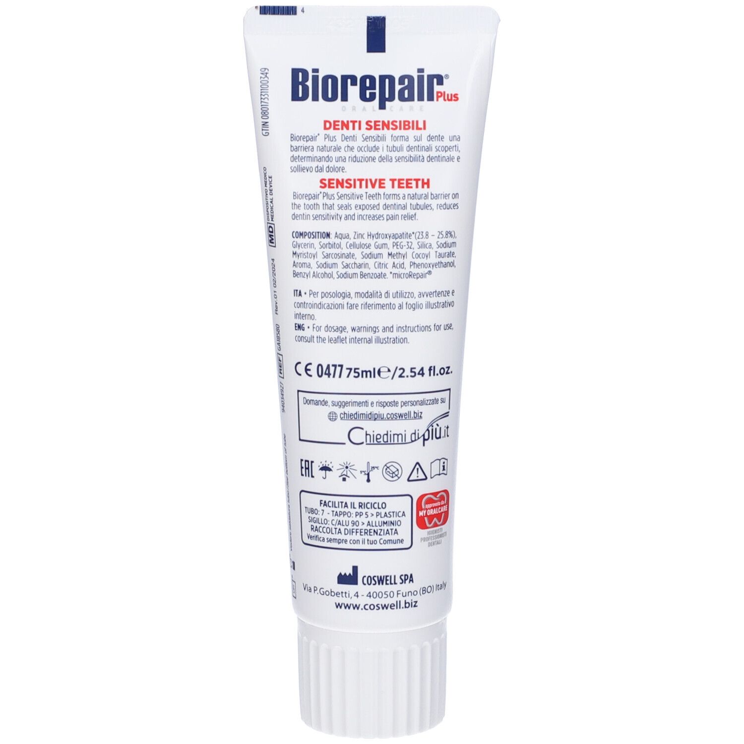 Rückseite der Zahncreme-Tube Biorepair® Plus. Enthält Text in mehreren Sprachen, einschließlich Inhaltsstoffe und Herstellerinformationen.