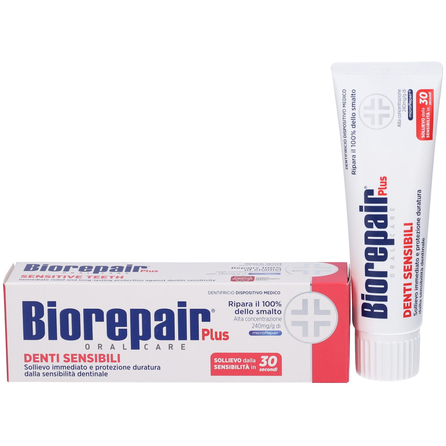 Zahncreme-Tube und Schachtel Biorepair® Plus. Schachtel rot-weiß, Tube weiß. Produktname und Logo auf beiden deutlich sichtbar.