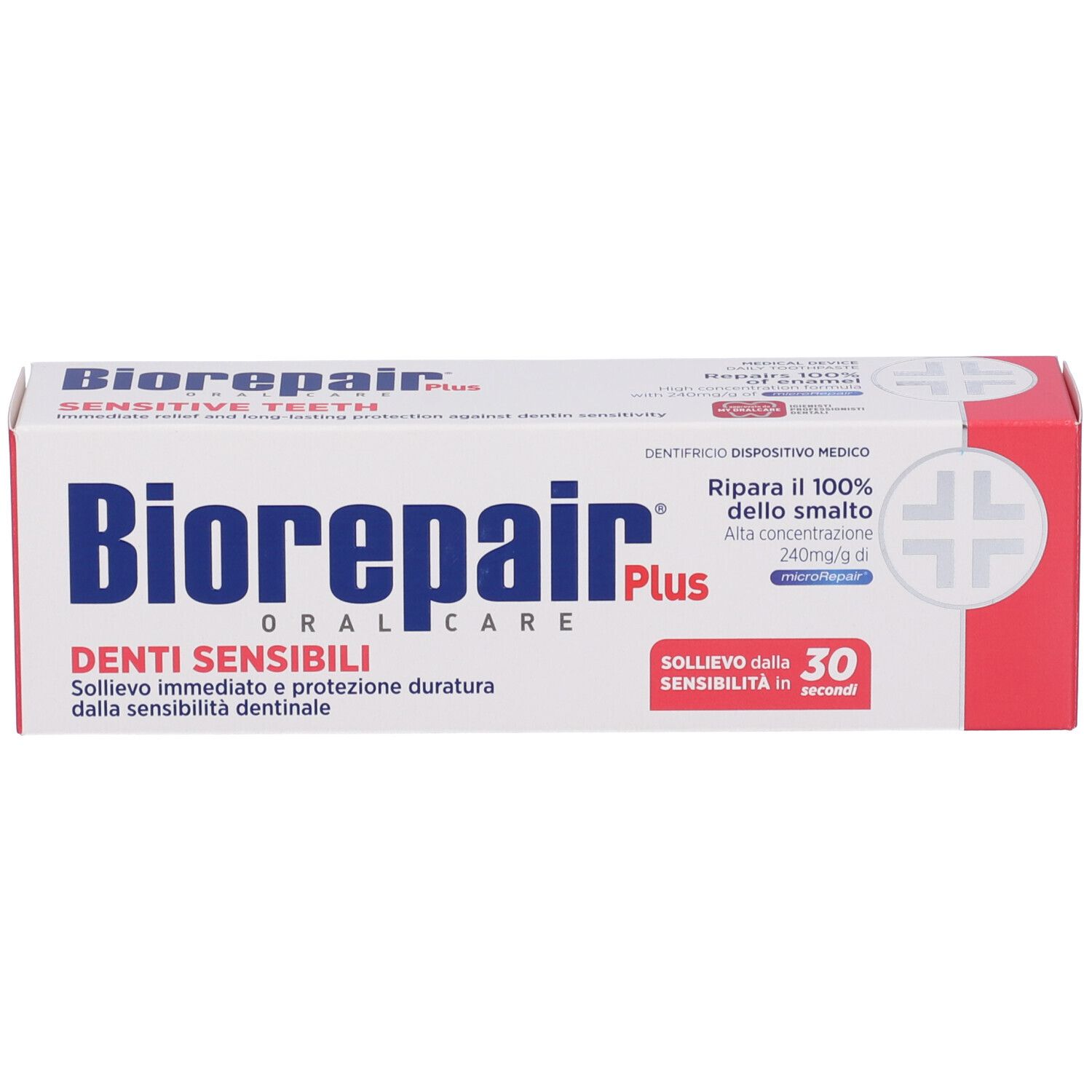 Schachtel Biorepair® Plus für empfindliche Zähne. Rot-weißes Design mit Produktnamen, Logo und Produktinformationen.