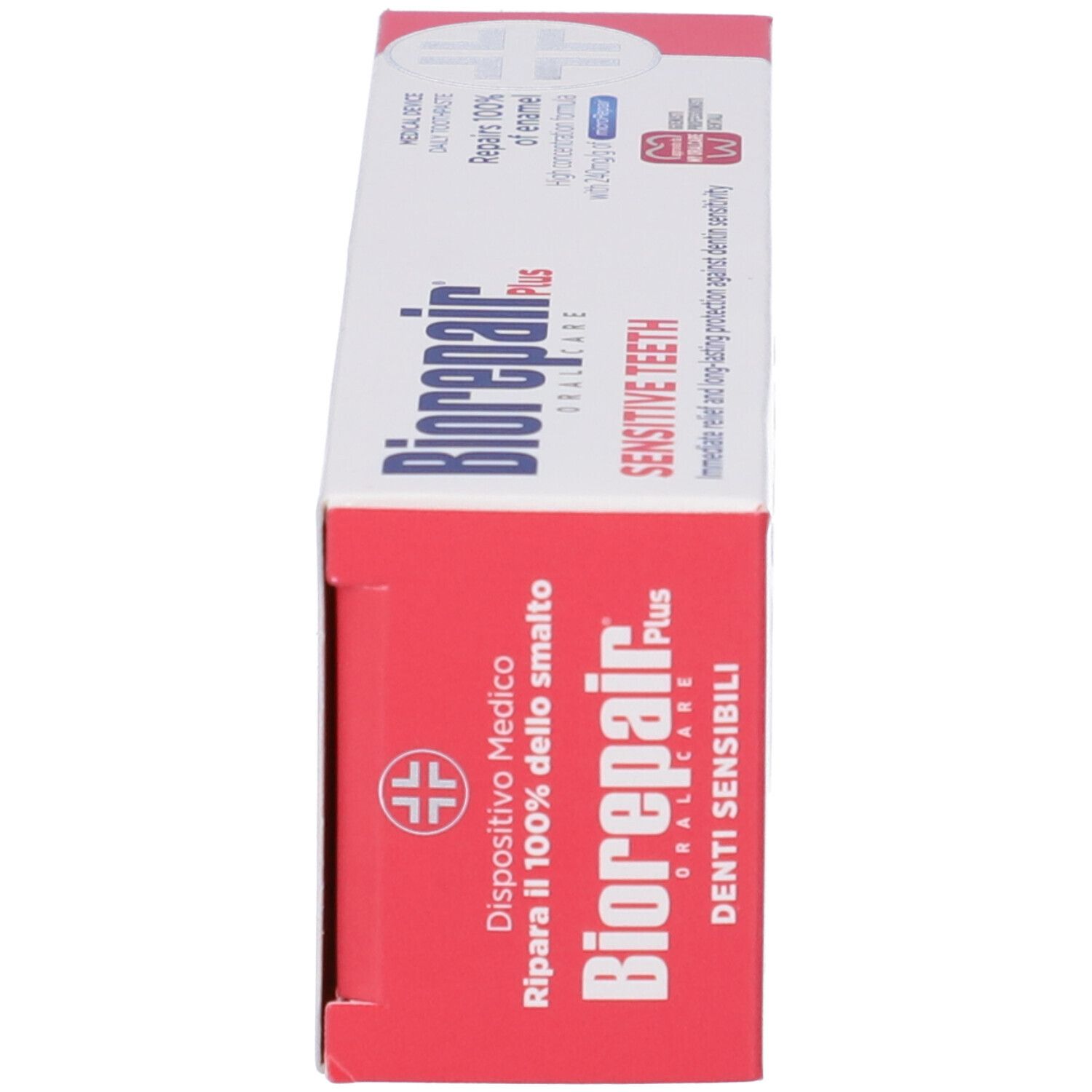 Seitenansicht der Schachtel Biorepair® Plus. Rotes Design mit Produktnamen und Logo. Enthält Produktinformationen.
