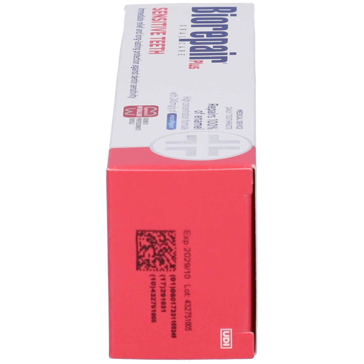 Seitenansicht der Schachtel Biorepair® Plus. Rotes Design mit Produktinformationen, Chargennummer und Verfallsdatum.