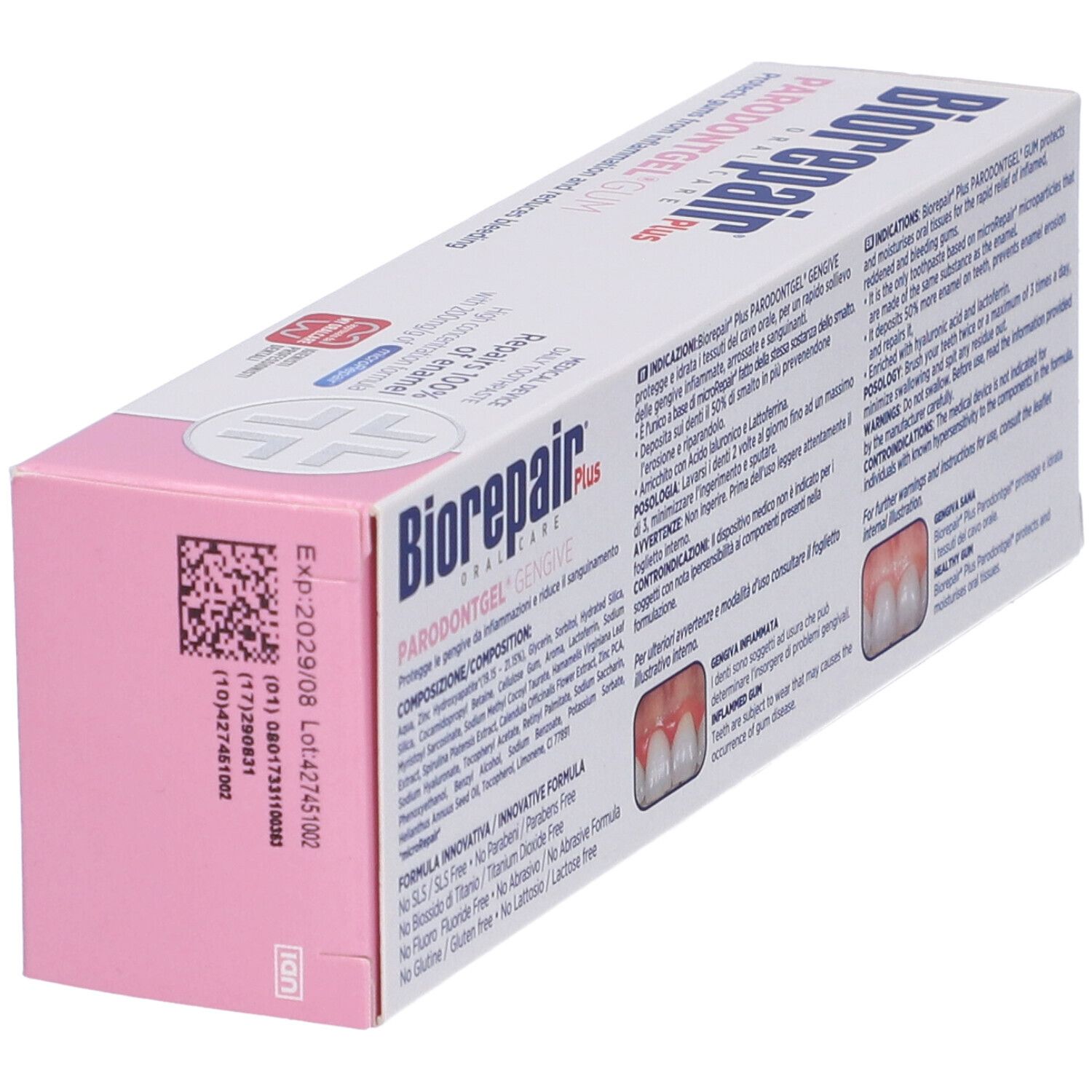 Zahncreme-Verpackung, weiß und rosa. Produktname und medizinische Kennzeichnung. Enthält Informationen und Abbildungen.