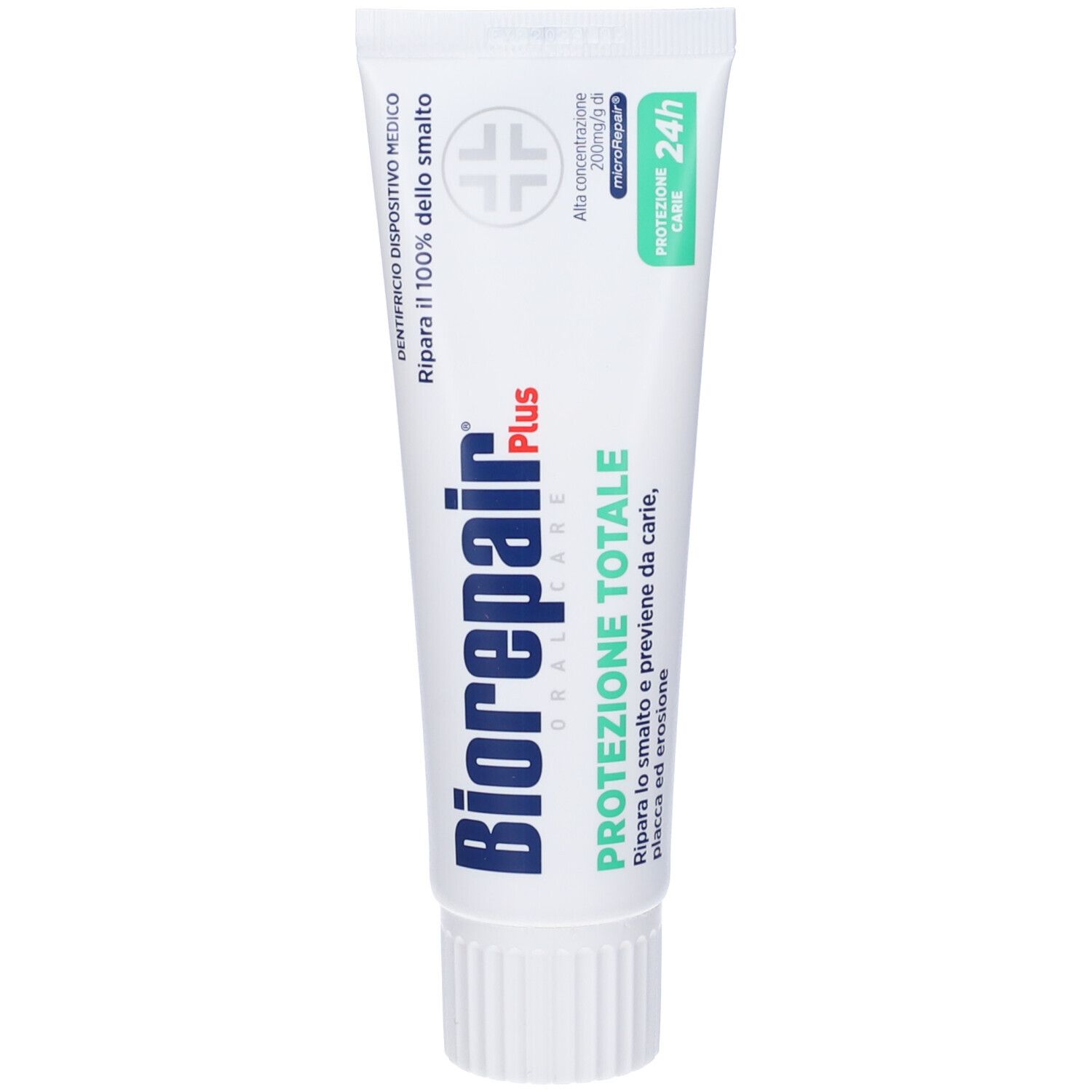 Tube de dentifrice blanc avec accent vert. Inscription Biorepair Plus et autres informations sur le produit.