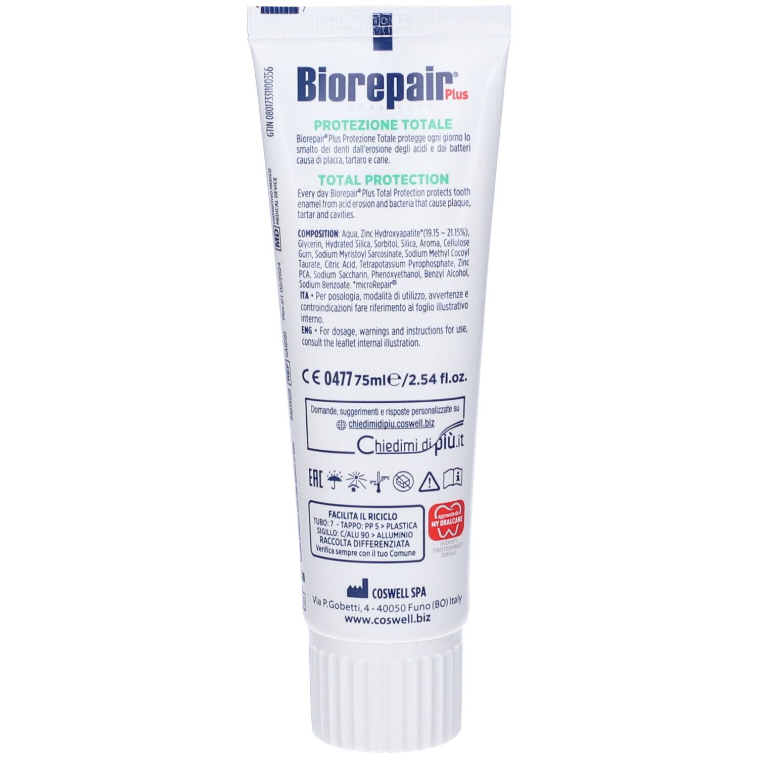 Dos d'un tube de dentifrice. Informations textuelles, ingrédients, avertissements et adresse du fabricant.