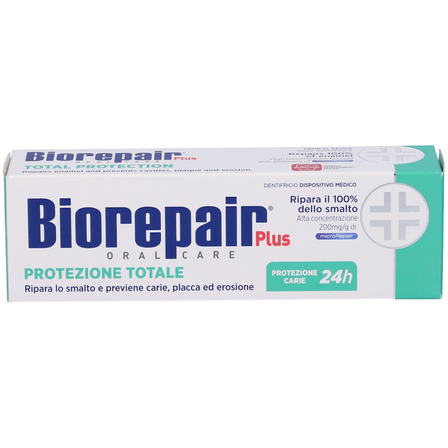Boîte avec l'inscription Biorepair Plus. Informations sur le produit et accents verts.
