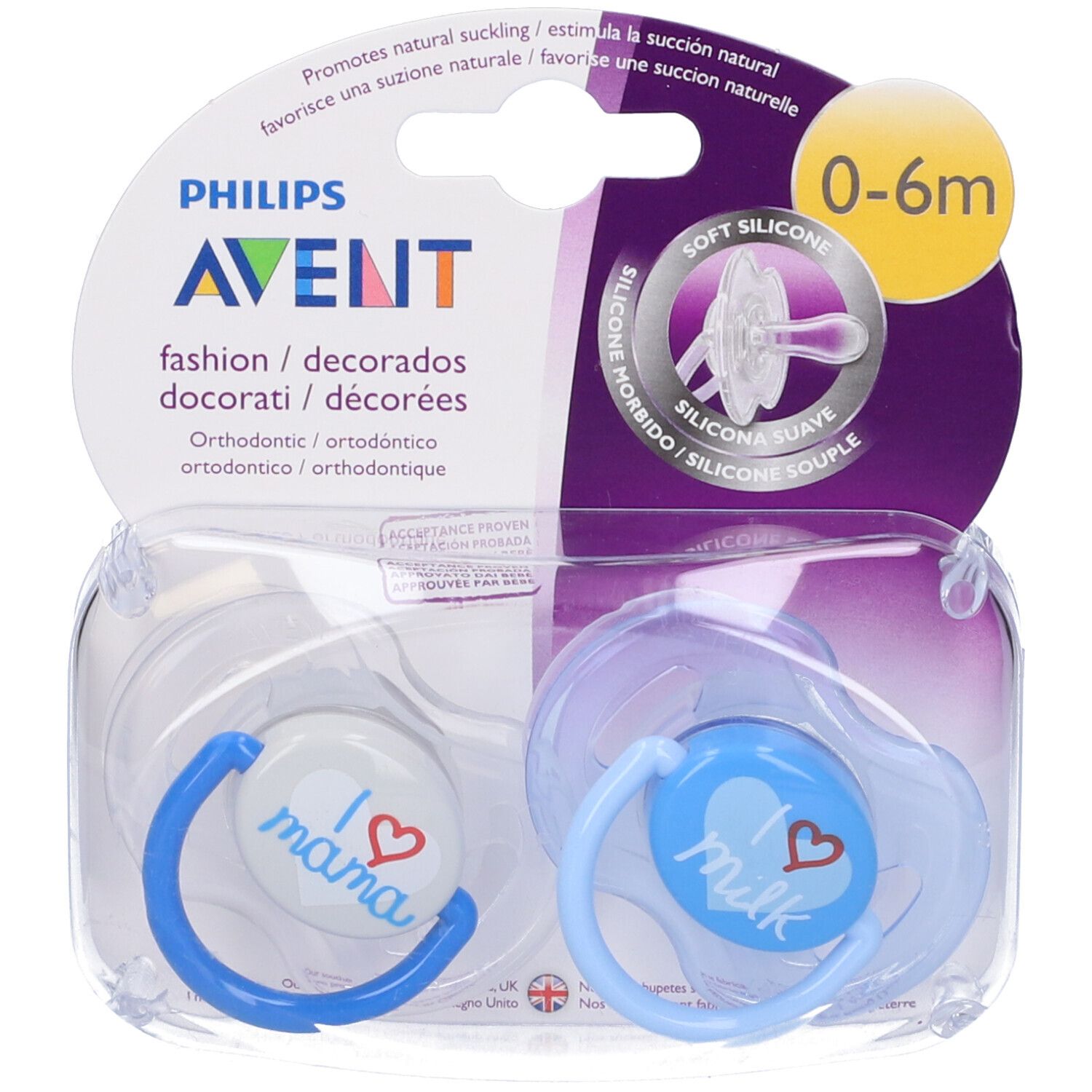 Confezione con due succhietti. Succhietti blu e bianchi con scritte. Marchio Philips Avent. 0-6 mesi.