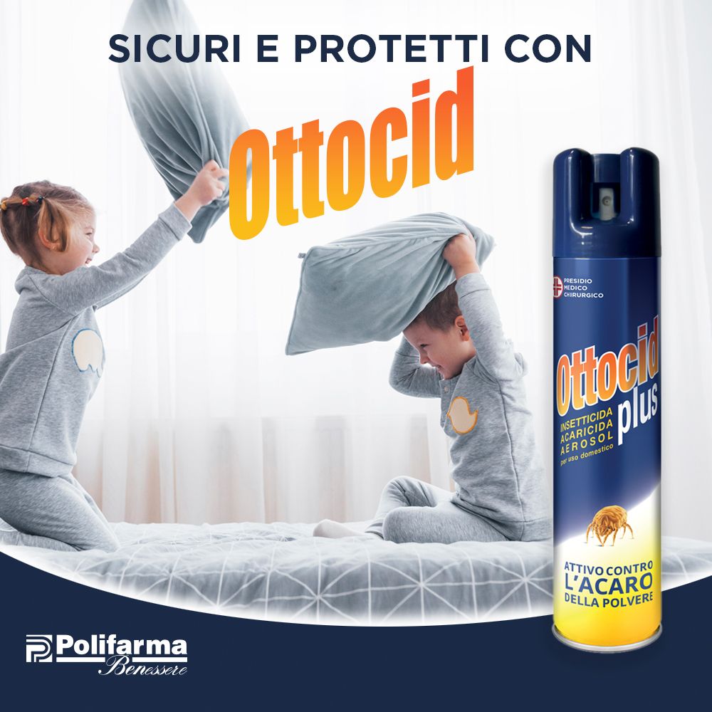 Zwei Kinder spielen mit Kissen. Eine Dose Ottocid plus ist sichtbar. Text: Sicuri e protetti con Ottocid.