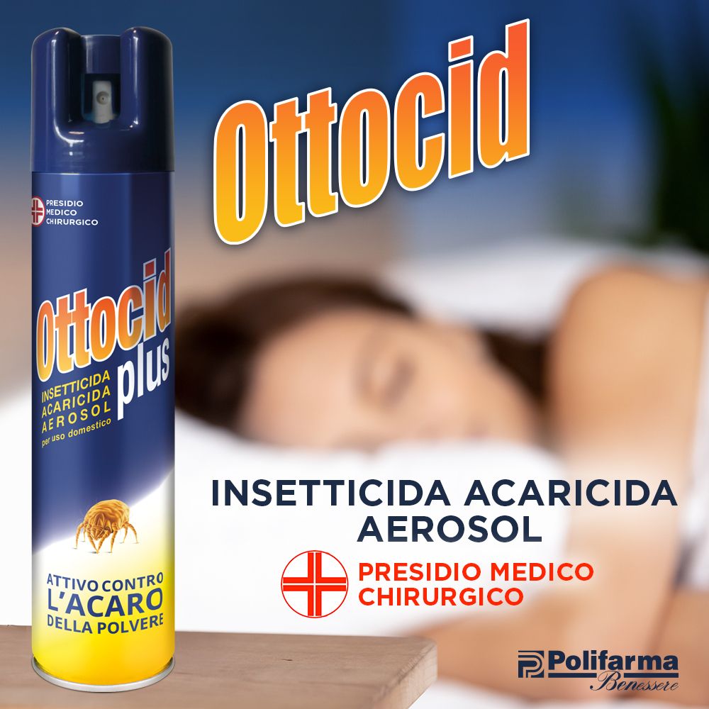 Aerosol-Dose Ottocid plus. Text: Insektizid Akarizid Aerosol. Presidio Medico Chirurgico. Im Hintergrund eine schlafende Person.