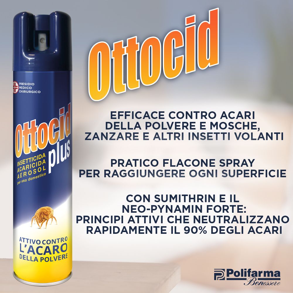 Aerosol-Dose Ottocid plus. Text: Wirksam gegen Milben, Fliegen, Mücken und andere fliegende Insekten. Praktische Sprühflasche.