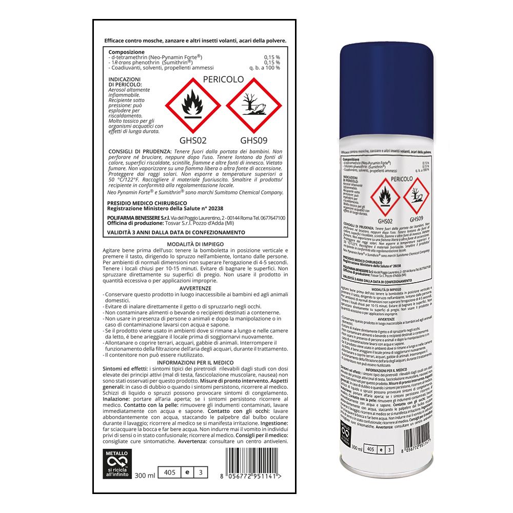 Rückseite der Aerosol-Dose Ottocid plus. Text: Zusammensetzung, Gefahrenhinweise, Anwendungshinweise. 300 ml.