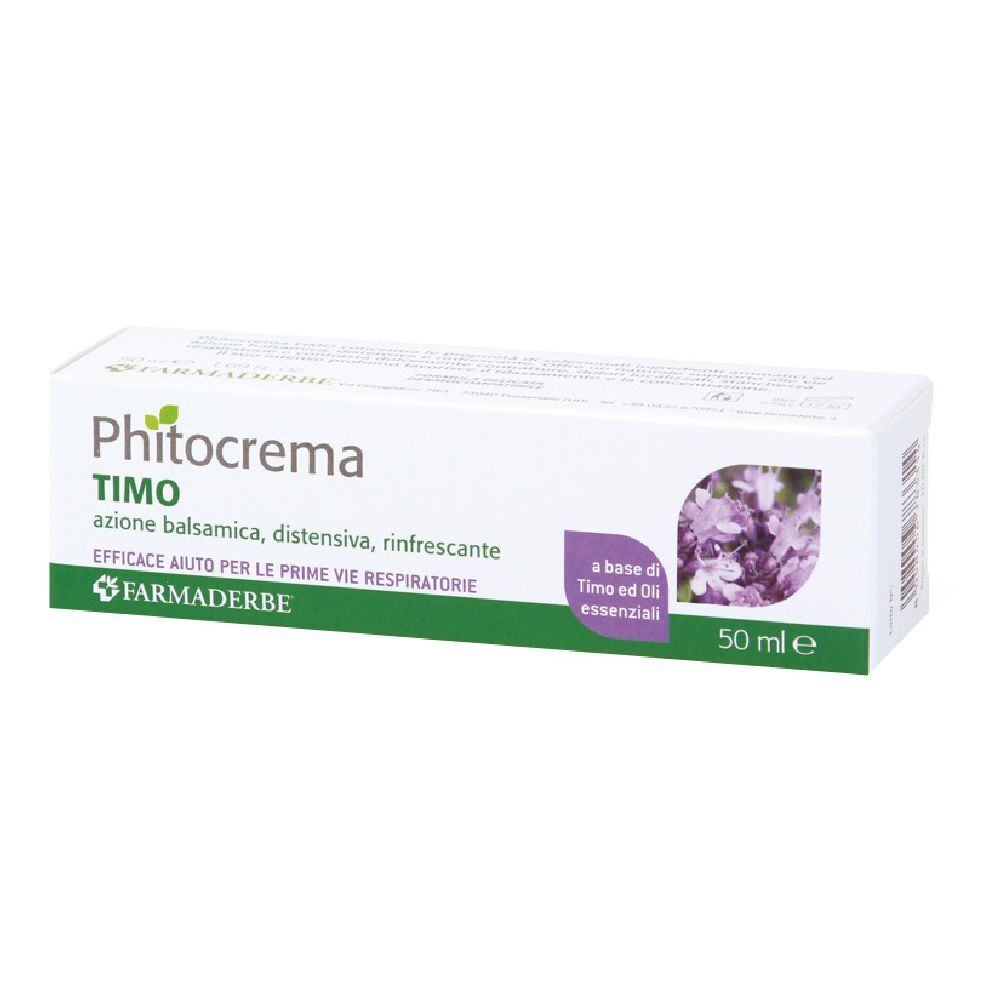 Weiße Schachtel mit Produktnamen Phitocrema Timo. Aufschrift: 'azione balsamica, distensiva, rinfrescante'. 50 ml.