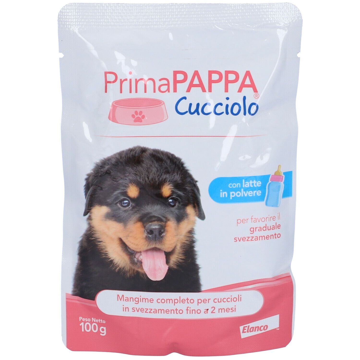 Busta PrimaPAPPA Cucciolo, cibo per cuccioli. Immagine di cucciolo. Testo: con latte in polvere. Contiene 100g.