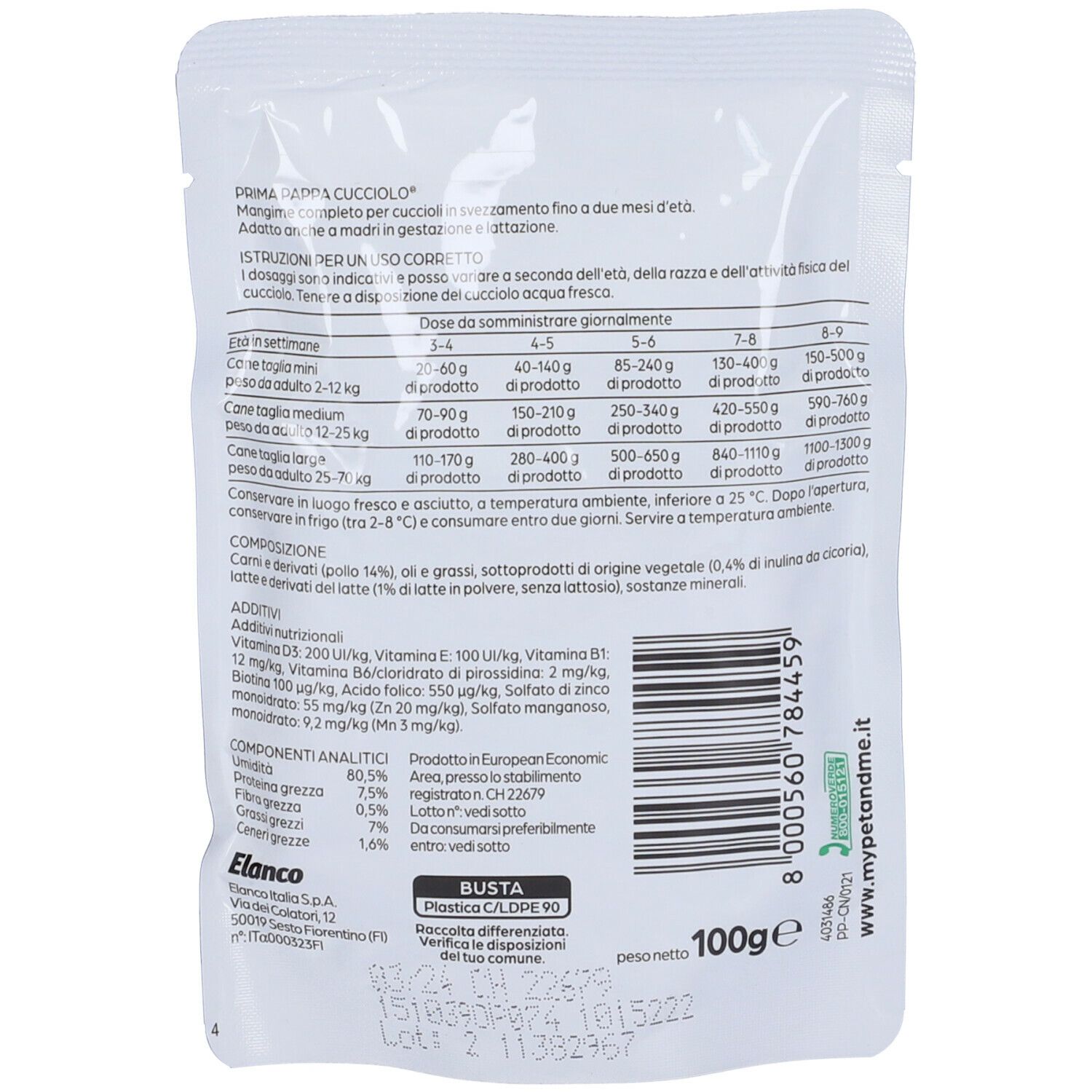 Retro della confezione di cibo PrimaPAPPA Cucciolo. Testo e informazioni nutrizionali. Contiene 100g.
