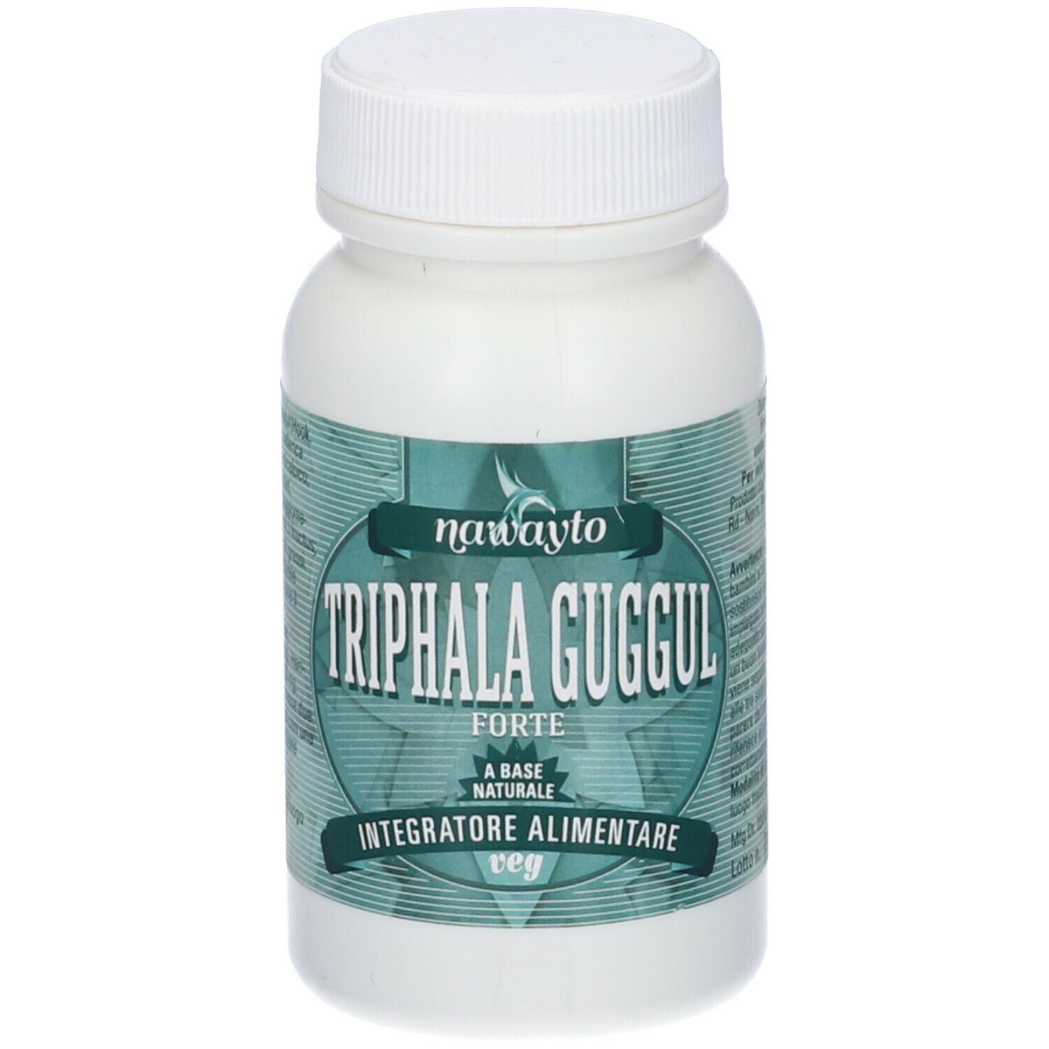 Flacone bianco con tappo a vite. Scritta: Triphala Guggul Forte, Integratore Alimentare, veg.