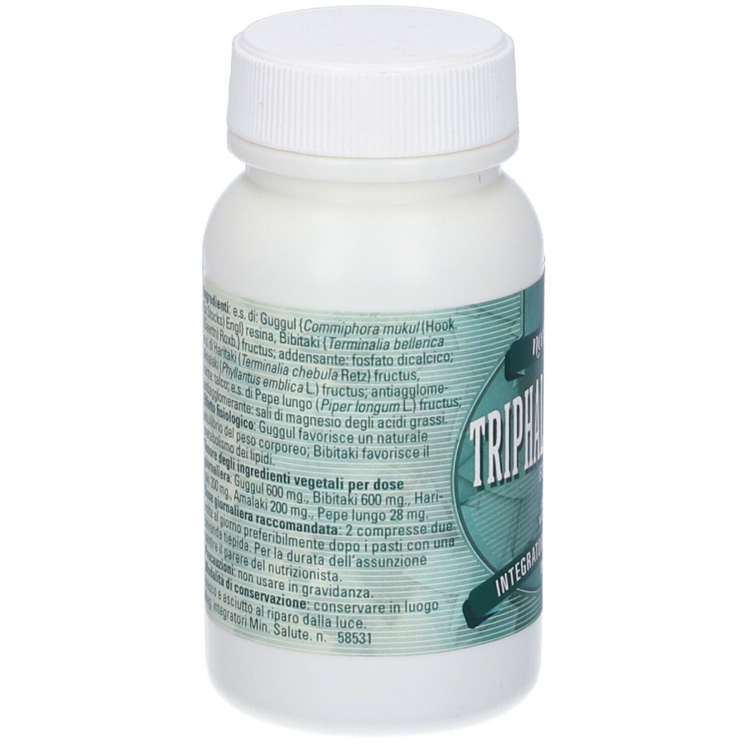 Retro del flacone bianco. Testo con ingredienti e istruzioni per l'uso. Tappo a vite.