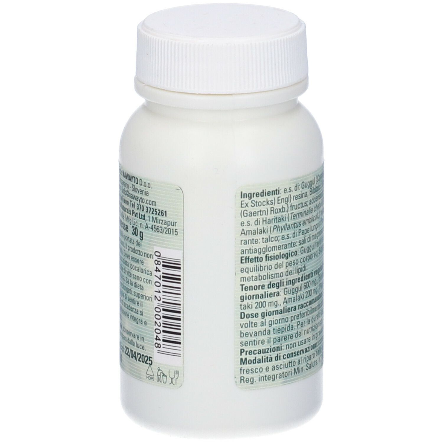 Retro del flacone bianco. Testo con ingredienti e istruzioni per l'uso. Tappo a vite.