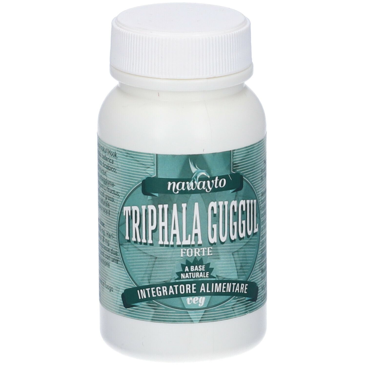 Flacone bianco con tappo a vite. Scritta: Triphala Guggul Forte, Integratore Alimentare, veg.