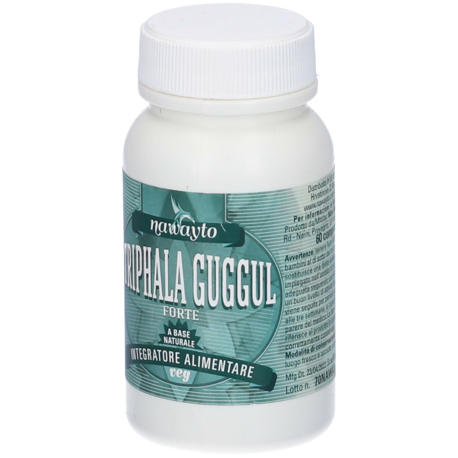 Flacone bianco con tappo a vite. Scritta: Triphala Guggul Forte, Integratore Alimentare, veg.