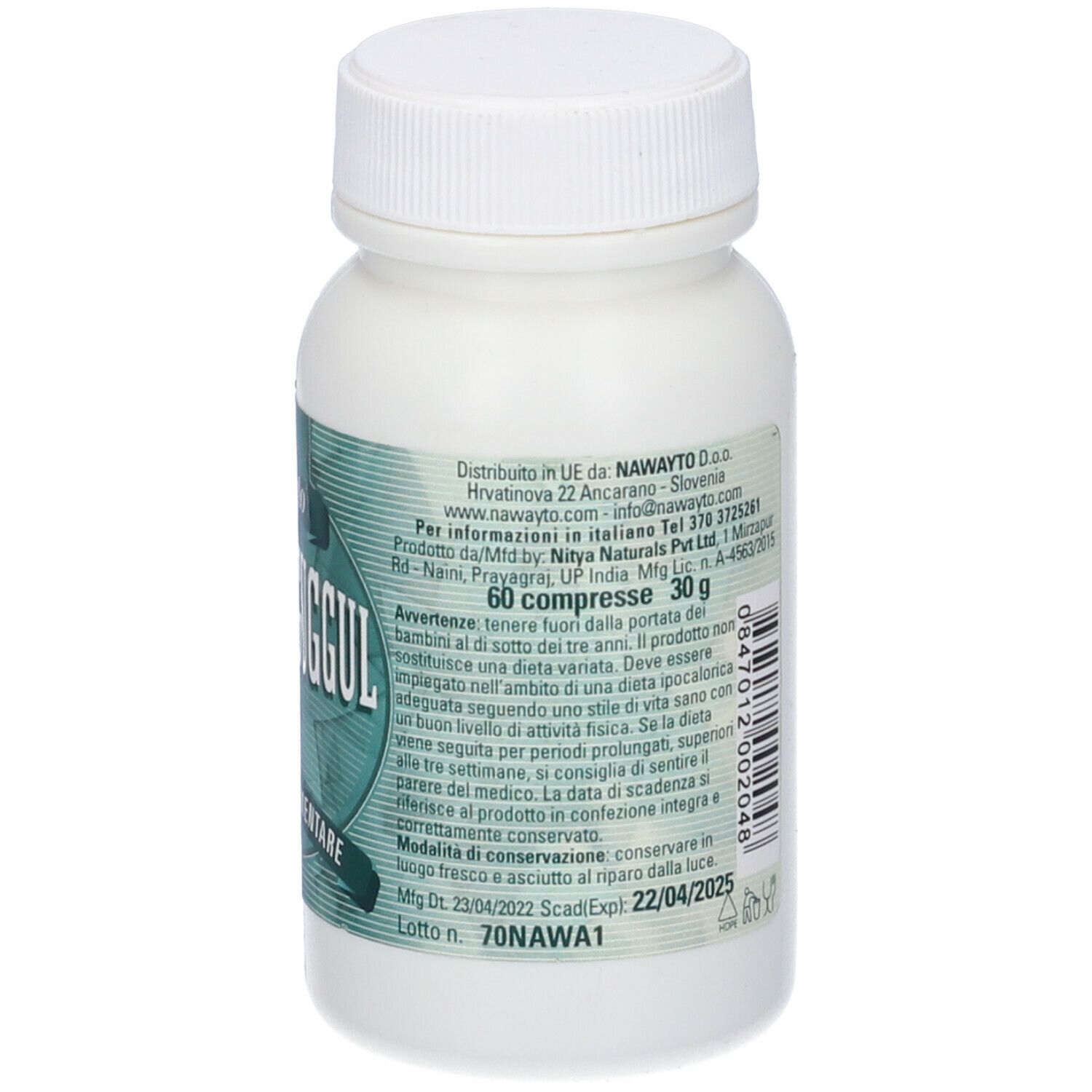 Flacone bianco con tappo a vite. Scritta: Triphala Guggul Forte, 60 compresse, 30 g.