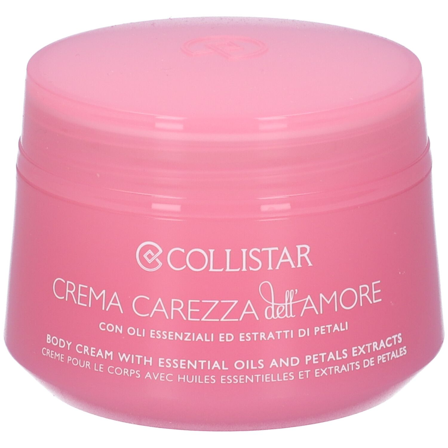 Vaso di crema rosa con coperchio. Scritta: COLLISTAR Crema Carezza dell'Amore. Testo in italiano, inglese e francese.