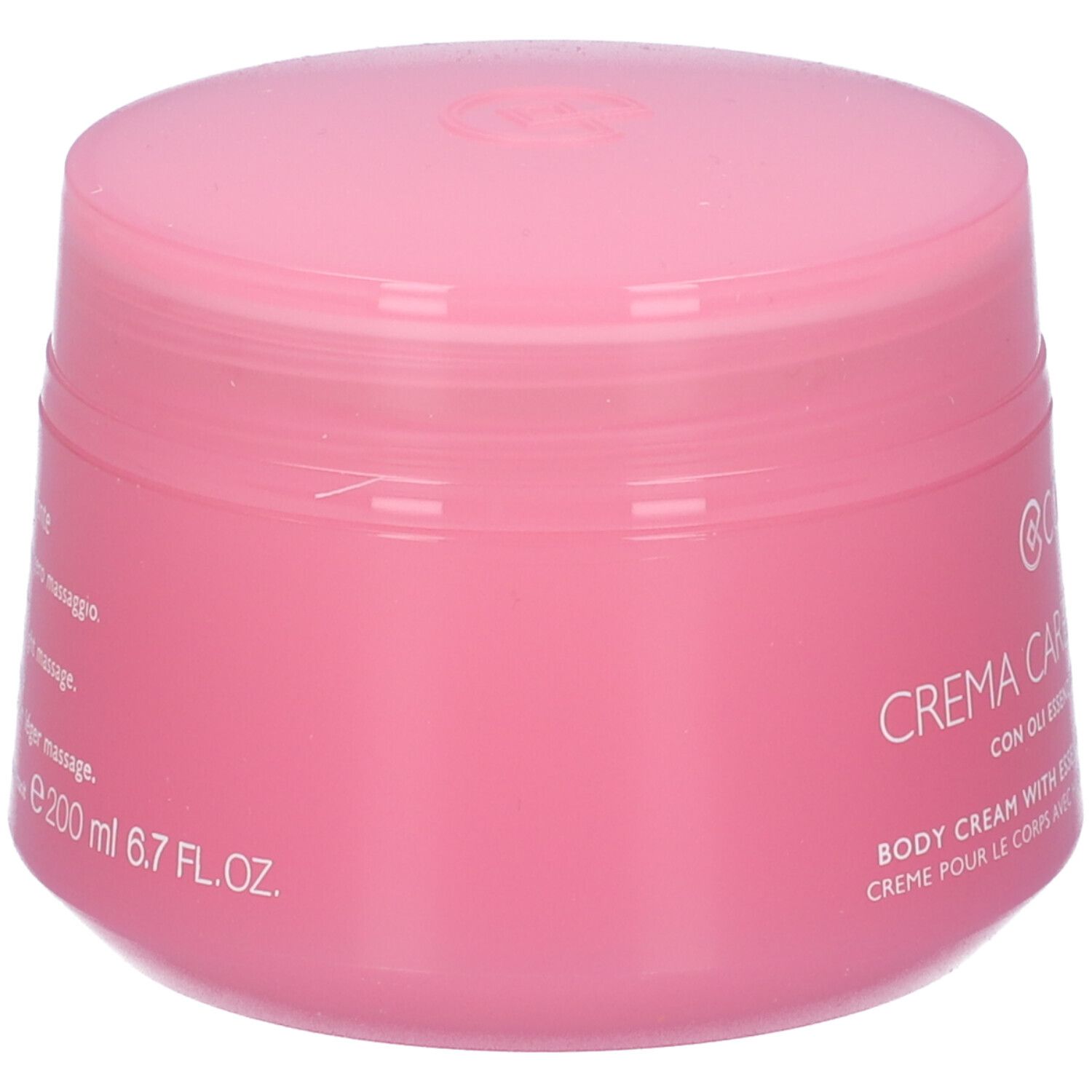 Vaso di crema rosa con coperchio. Scritta: COLLISTAR Crema Carezza dell'Amore. Testo in italiano, inglese e francese. 200 ml.