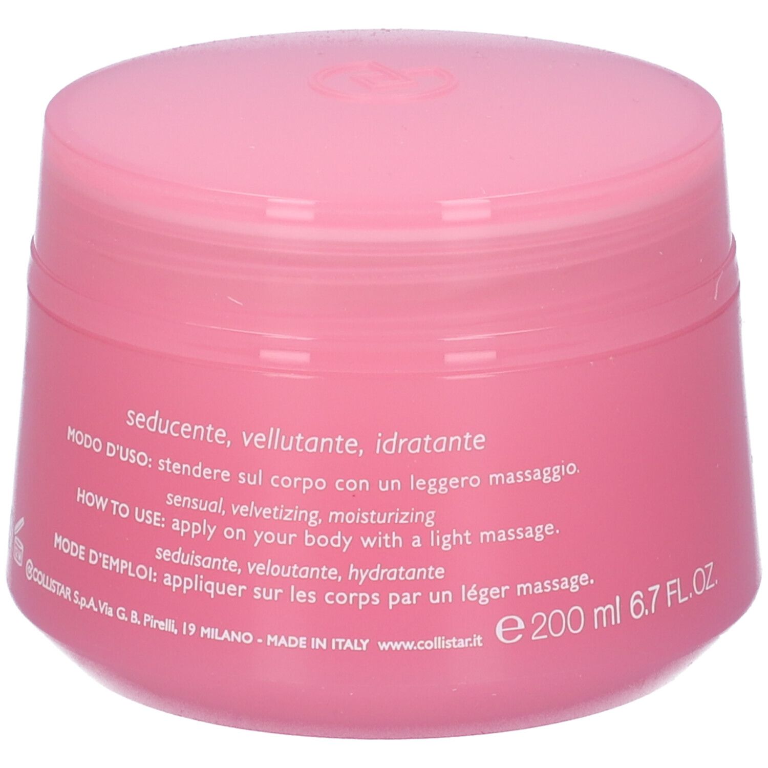 Vaso di crema rosa con coperchio. Testo in italiano, inglese e francese. Scritta: seducente, vellutante, idratante. 200 ml.