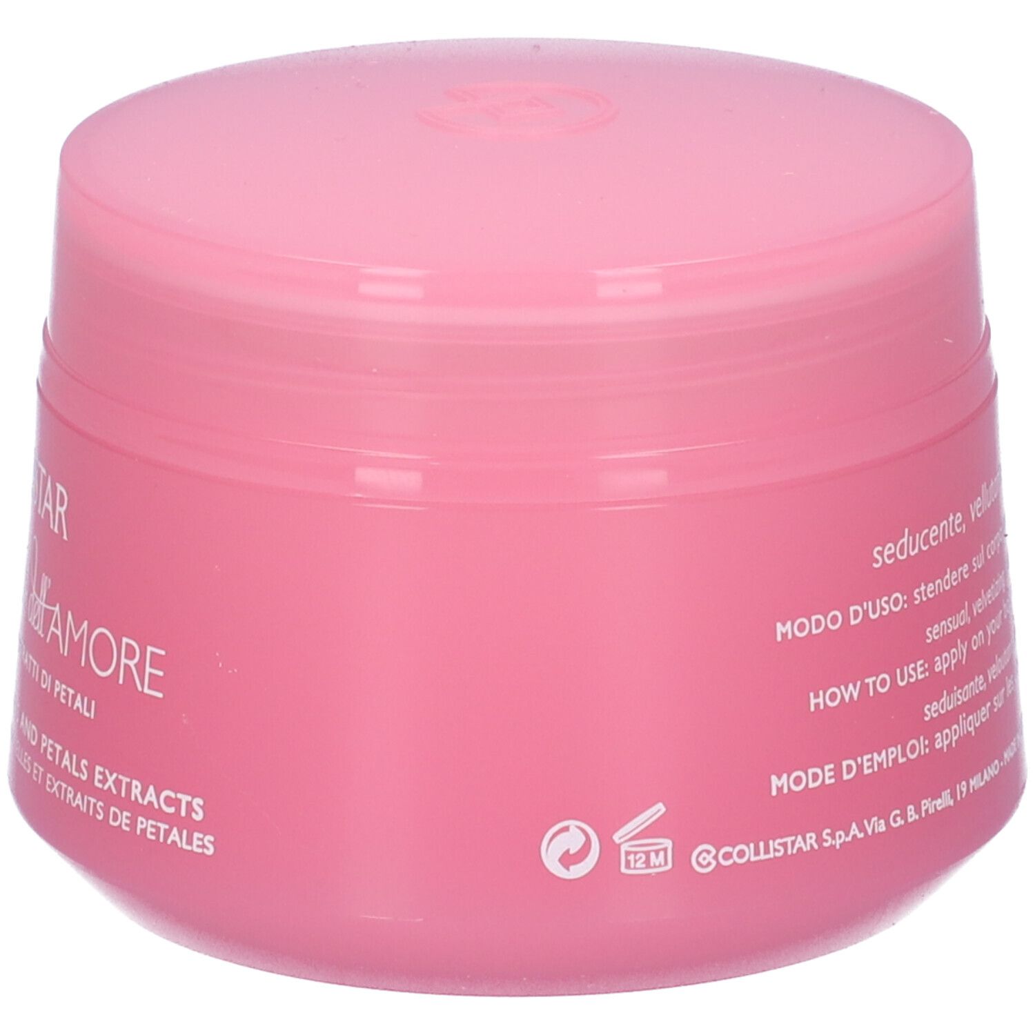 Vaso di crema rosa con coperchio. Testo in italiano, inglese e francese. Scritta: COLLISTAR Crema Carezza dell'Amore.
