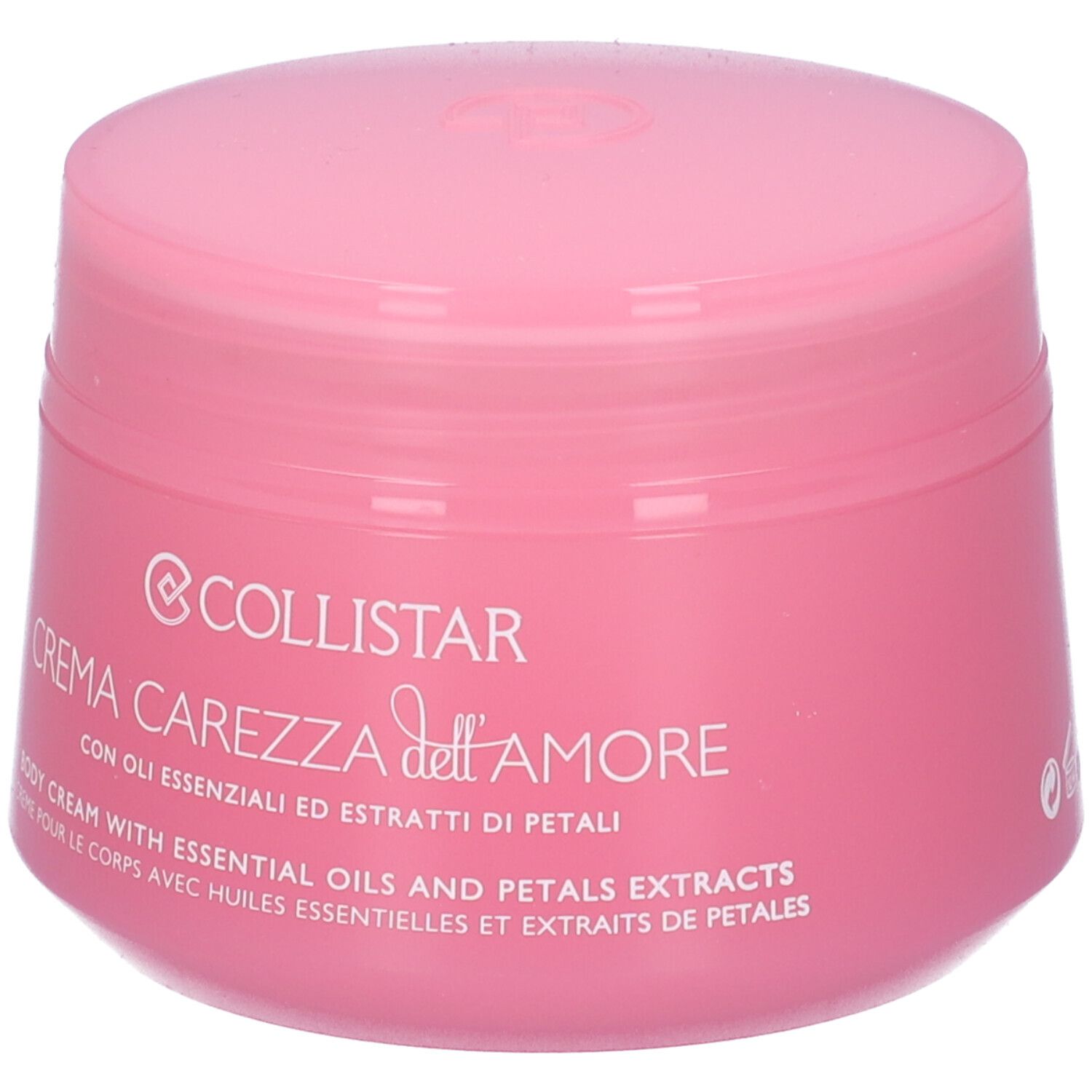 Vaso di crema rosa con coperchio. Scritta: COLLISTAR Crema Carezza dell'Amore. Testo in italiano, inglese e francese.