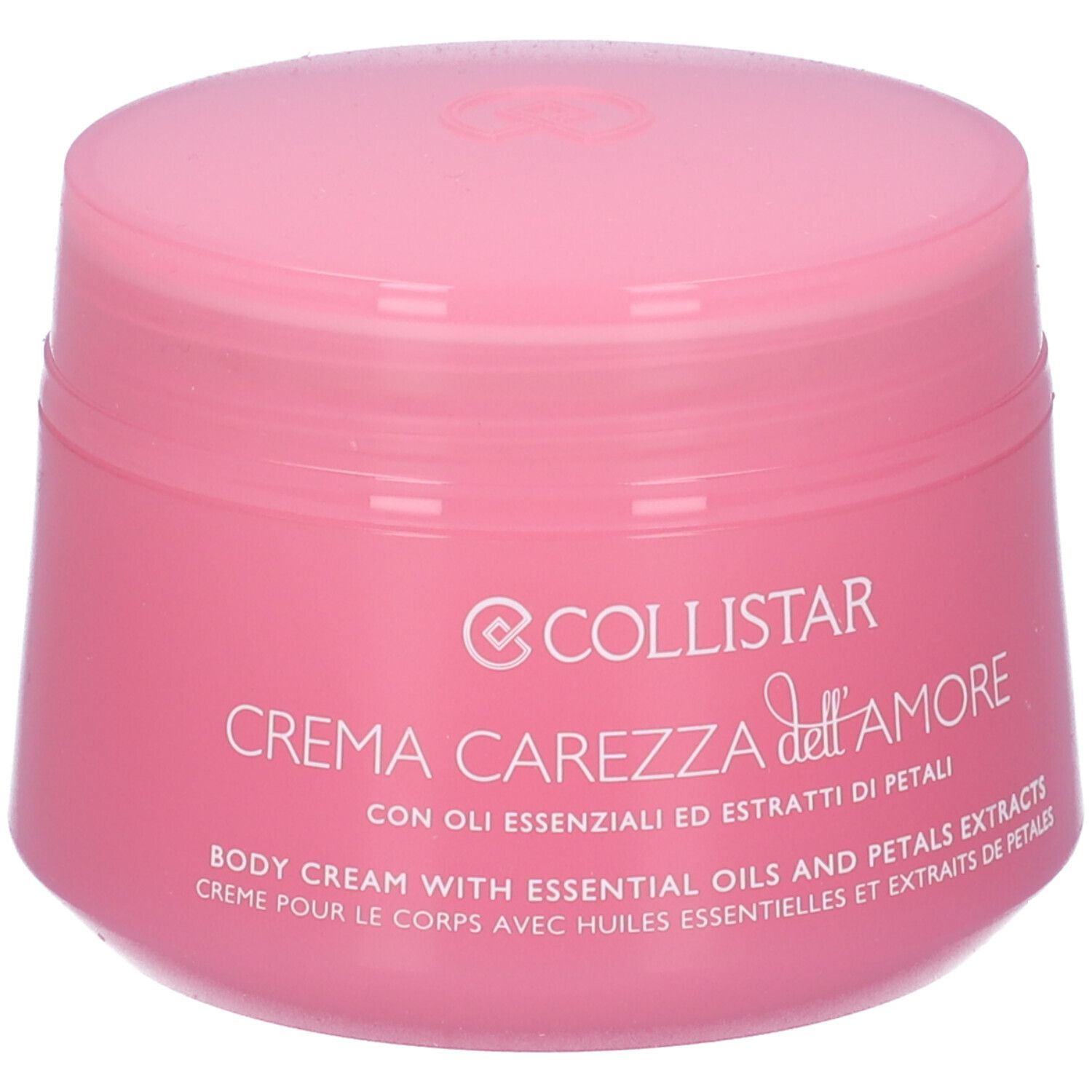 Vaso di crema rosa con coperchio. Scritta: COLLISTAR Crema Carezza dell'Amore. Testo in italiano, inglese e francese.