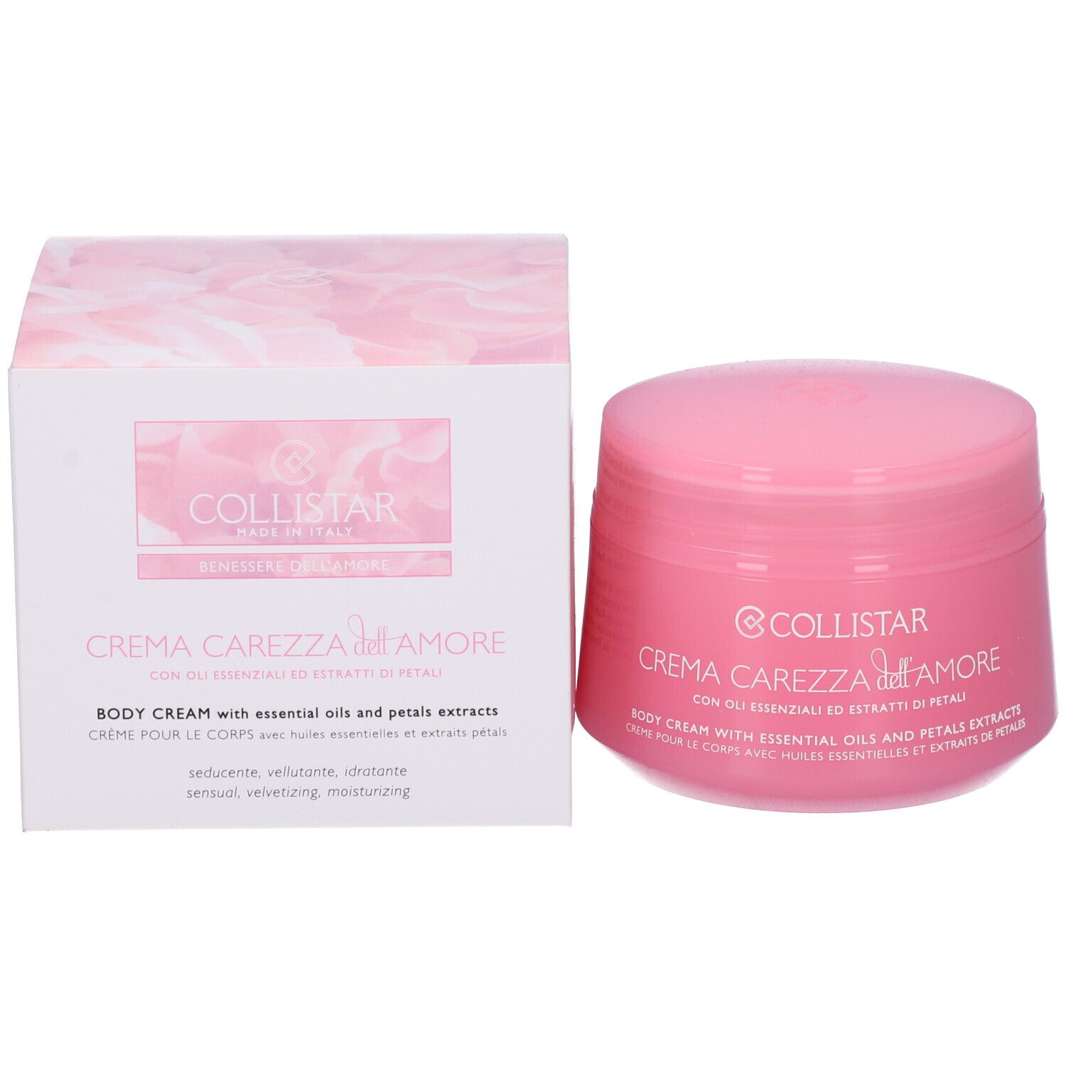 Vaso di crema rosa e confezione. Scritta: COLLISTAR Crema Carezza dell'Amore. Testo in italiano, inglese e francese.