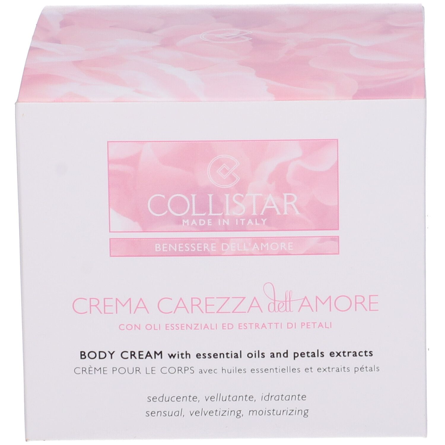 Confezione bianca con motivo floreale rosa. Scritta: COLLISTAR Crema Carezza dell'Amore. Testo in italiano, inglese e francese.