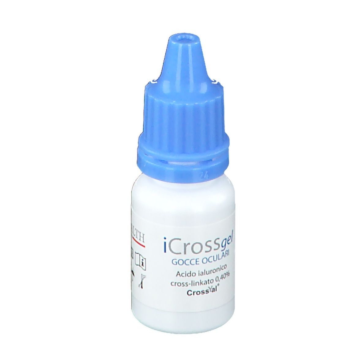 Flacone bianco con tappo blu. Scritta: iCrossgel, Gocce Oculari, Acido Ialuronico, cross-linkato 0,40%, Cross'al.